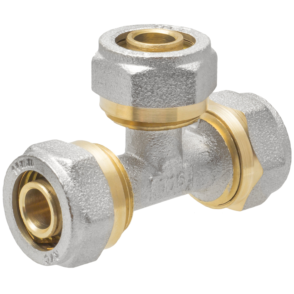 Изображение товара Тройник 16 ц/ц/ц латунный с никелевым покрытием обжимной