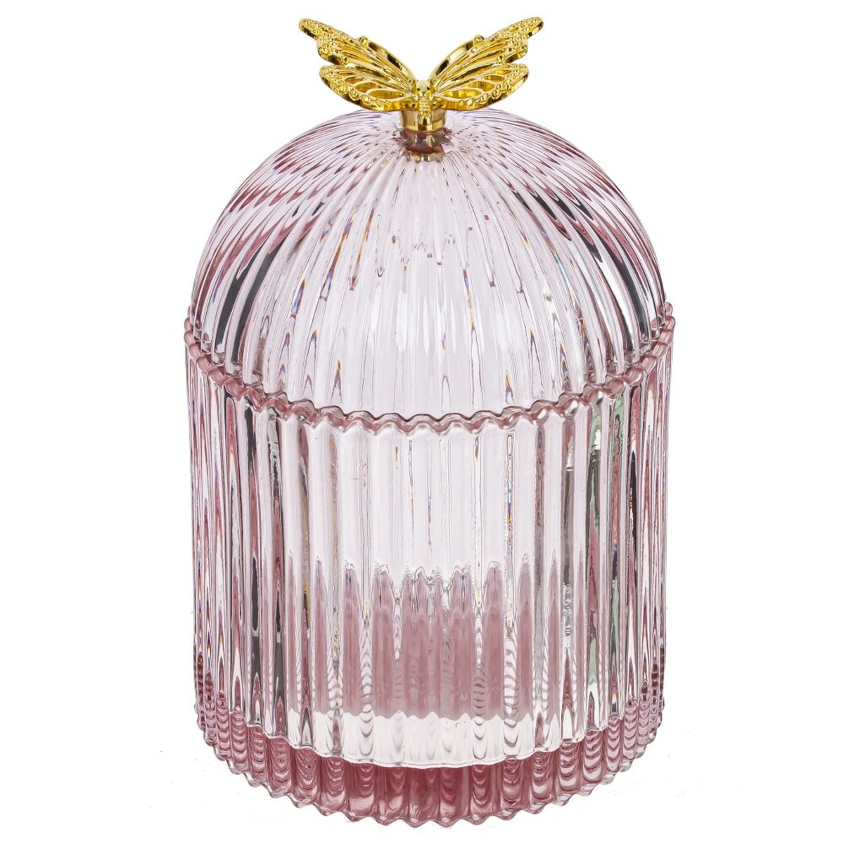 Изображение товара Стеклянная розовая шкатулка для украшений с золотой бабочкой и рельефом 10,5x10,5x16 см