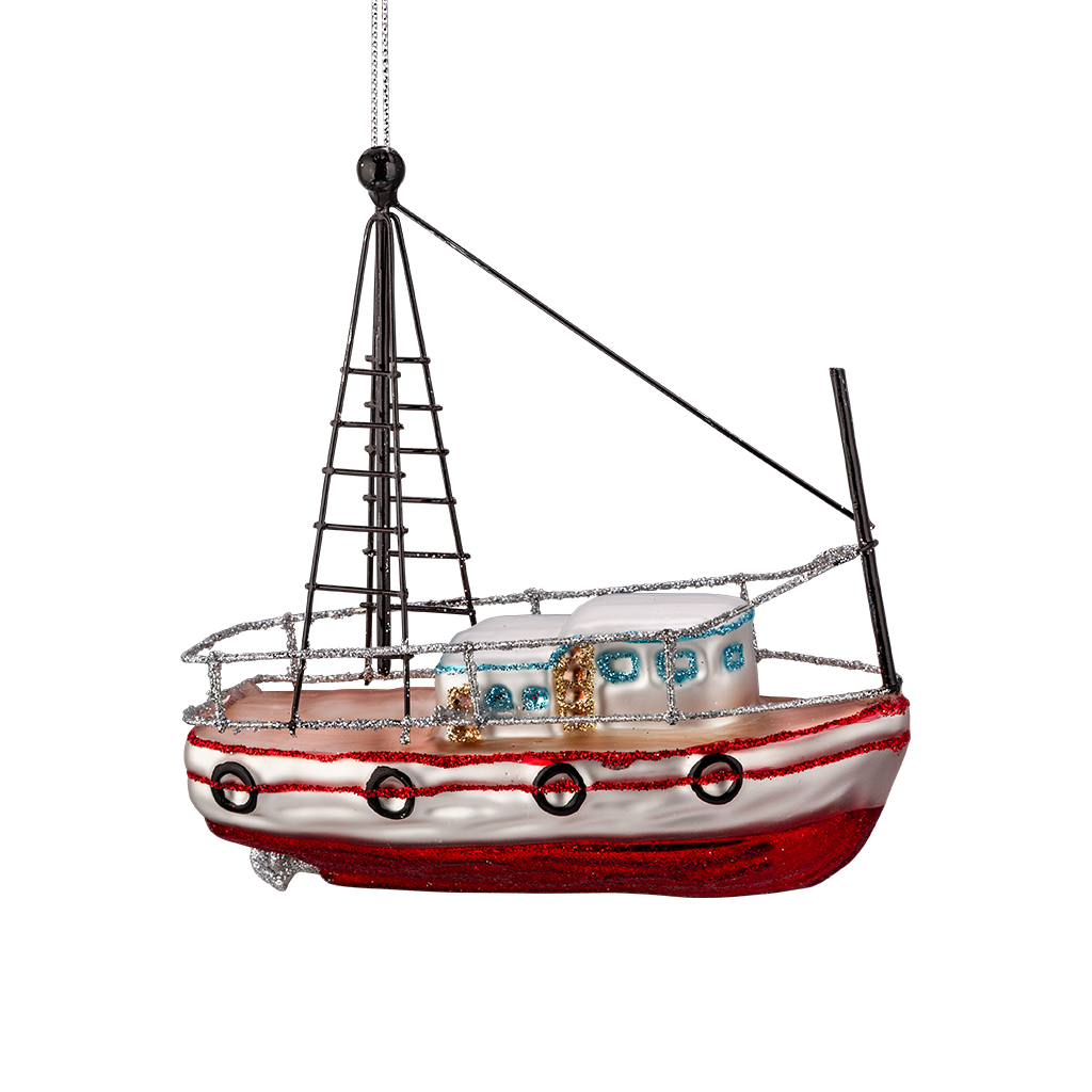 Изображение товара Украшение елочное Рыбацкий баркас стекло 12.5см яркое праздничное