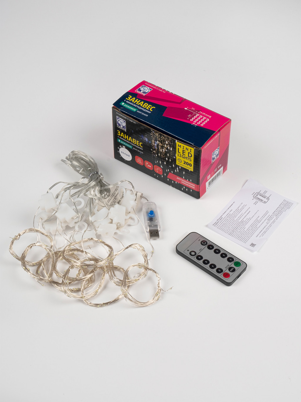 Изображение товара Гирлянда "Занавес" ICLLDM200W-C-USB-RC, 200 бел минидиод 3х2м,8 реж,пульт,USB