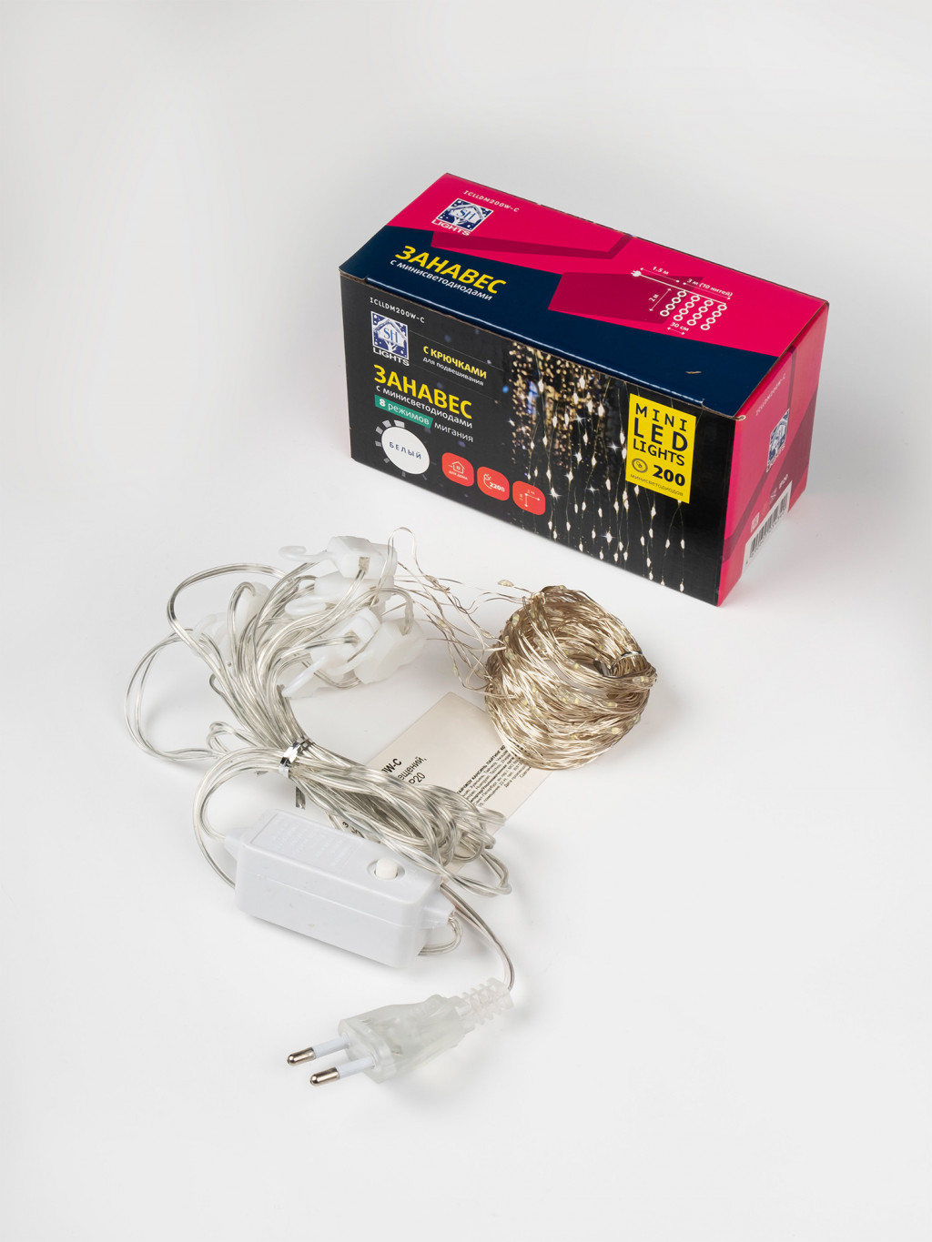 Изображение товара Гирлянда "Занавес" с крючками ICLLDM200W-C, 200 бел минидиодов, 3х2 м, 8 реж