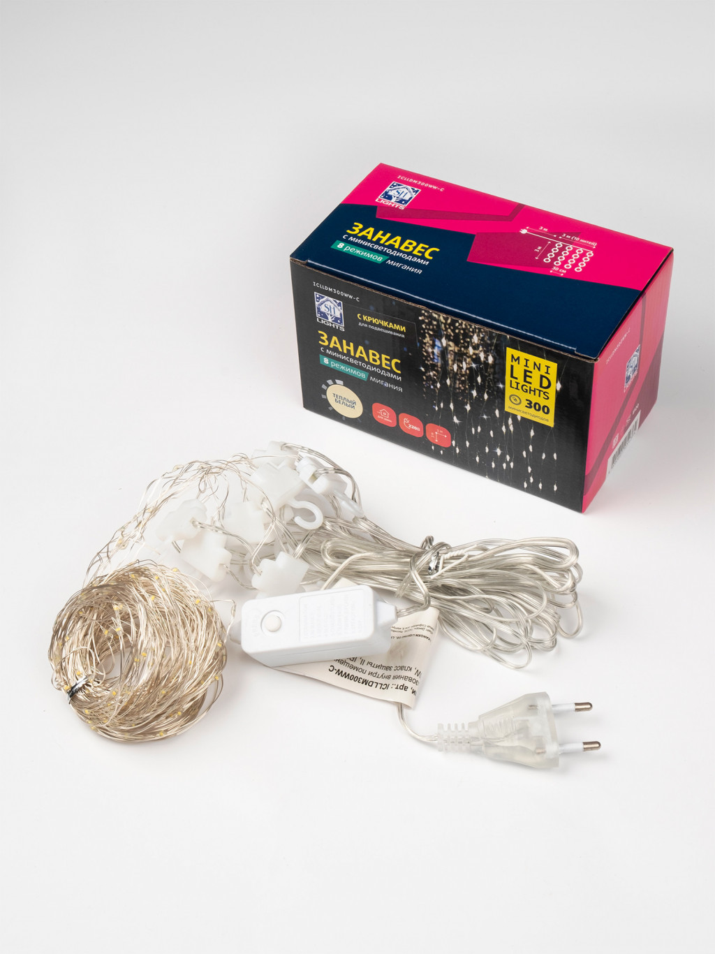 Изображение товара Гирлянда "Занавес" с крючками ICLLDM300WW-C, 300 т/бел минидиодов, 3х3 м, 8 реж