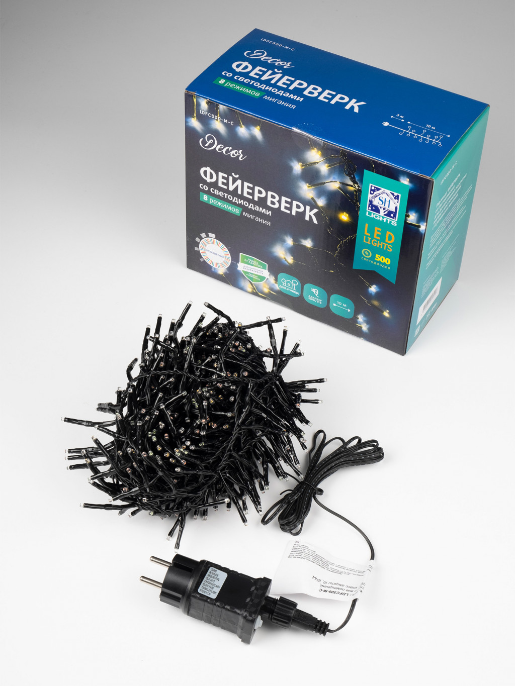 Изображение товара Гирлянда "Фейерверк" LDFC500-M-C, 500 разноцв диодов, 10м, 8 реж, уличн,адаптер