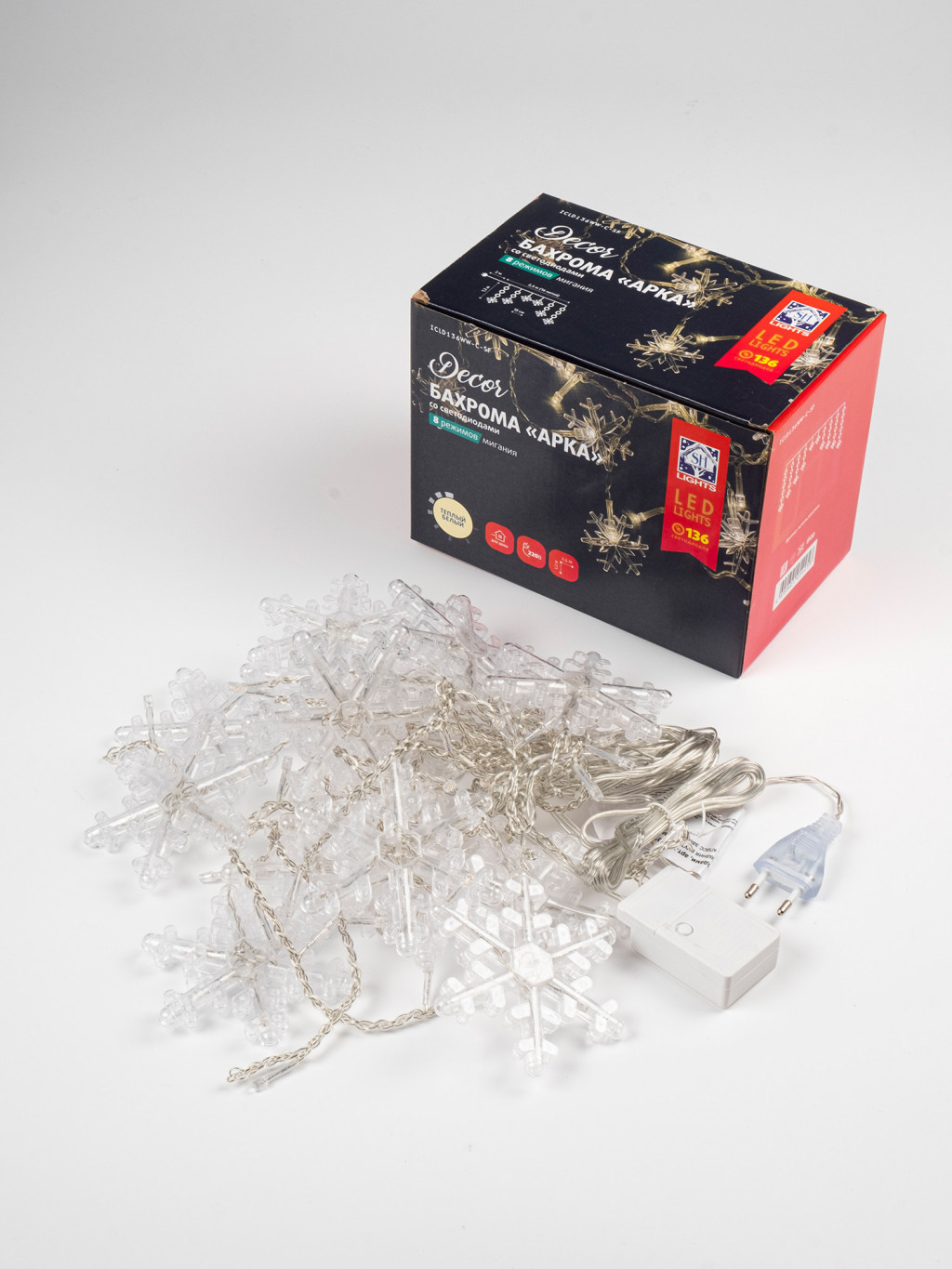 Изображение товара Гирлянда бахрома "Арка" ICLD136WW-C-SF, 136 т/бел диодов,снежинки, 2,5х1м,8 реж