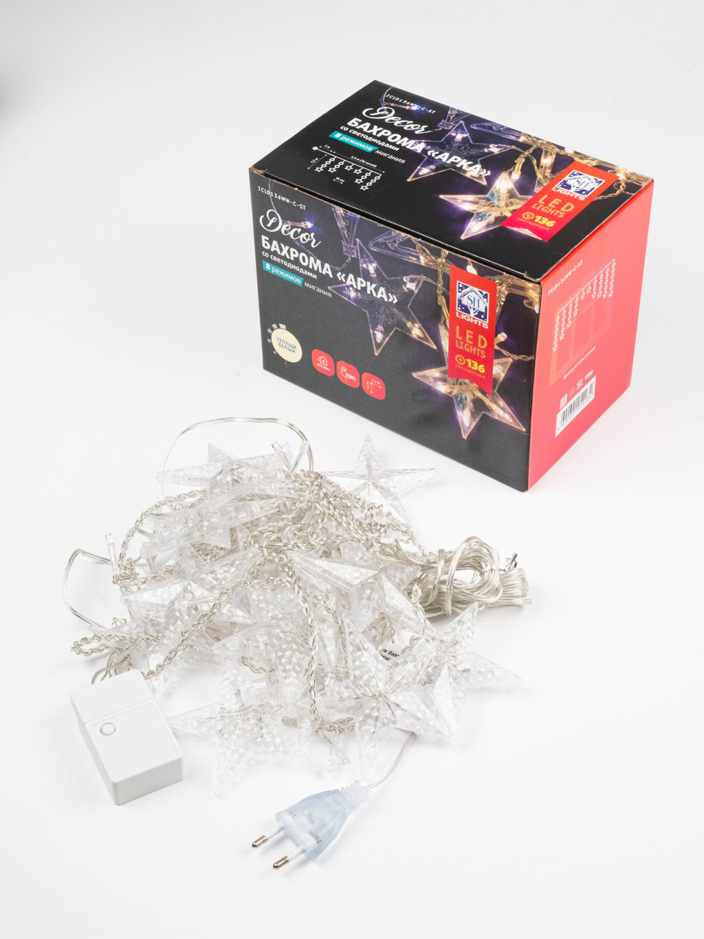 Изображение товара Гирлянда бахрома "Арка" ICLD136WW-C-ST,136 т/бел диодов,звездочки, 2,5х1м,8 реж