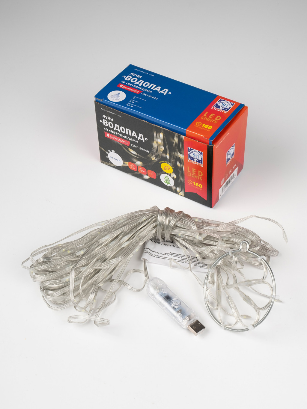 Изображение товара Гирлянда Лучи "Водопад"BM8-ILDM160W-C-USB,160 бел LED,8лх2м,8 реж стекан,USB…