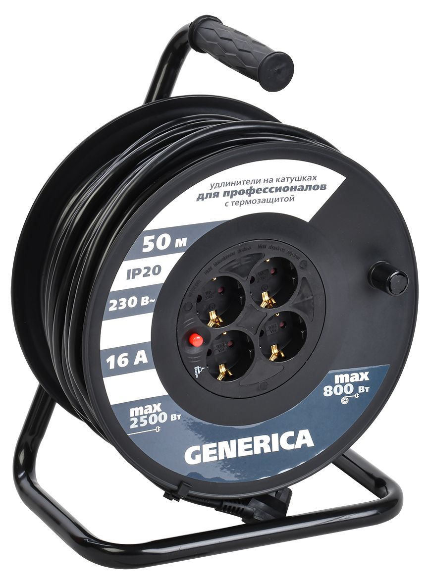 Изображение товара Катушка IEK GENERICA с термозащитой 4 розетки, 50 м, 3x1,5 мм2, IP20
