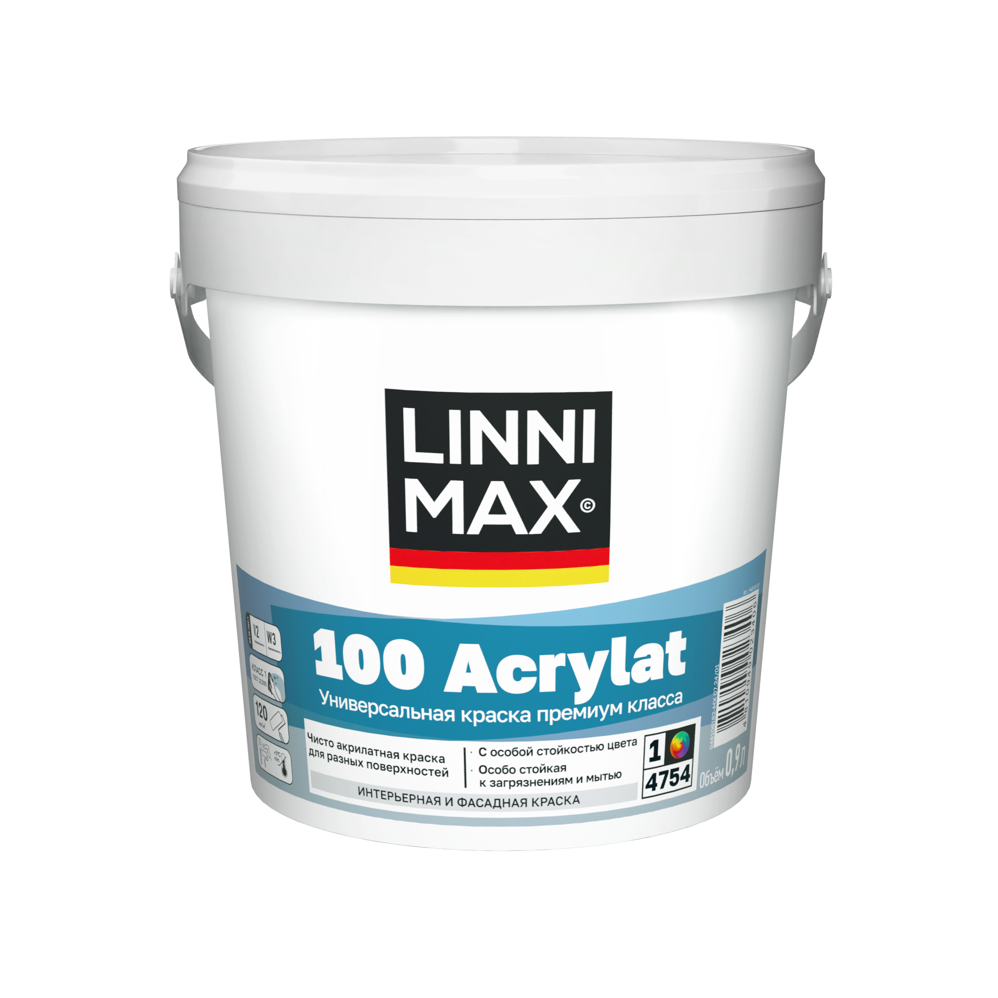 Изображение товара Краска LINNIMAX 100 Acrylat Акрилат водная для наружных и внутренних работ 0,9 л