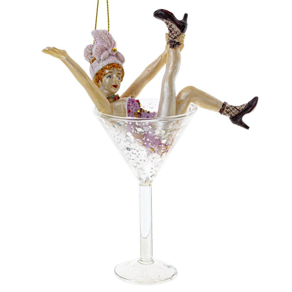Изображение товара Новогоднее стеклянное украшение Девушка в коктейльной рюмке 15,5 см золотистое