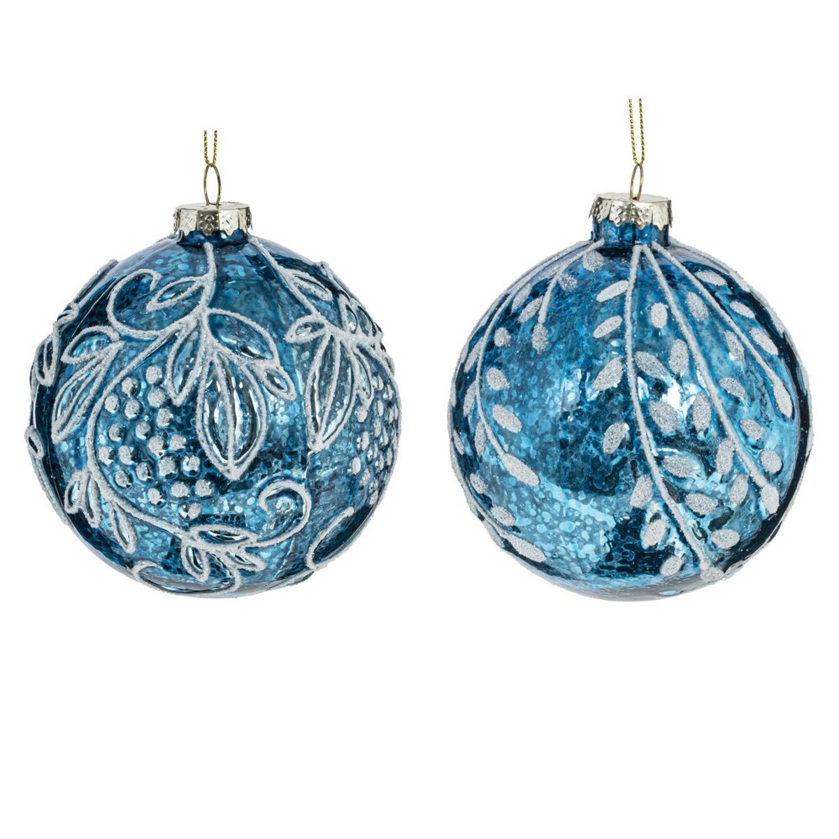 Изображение товара Новогодний стеклянный синий шар с узорами 10 см для елки и интерьера