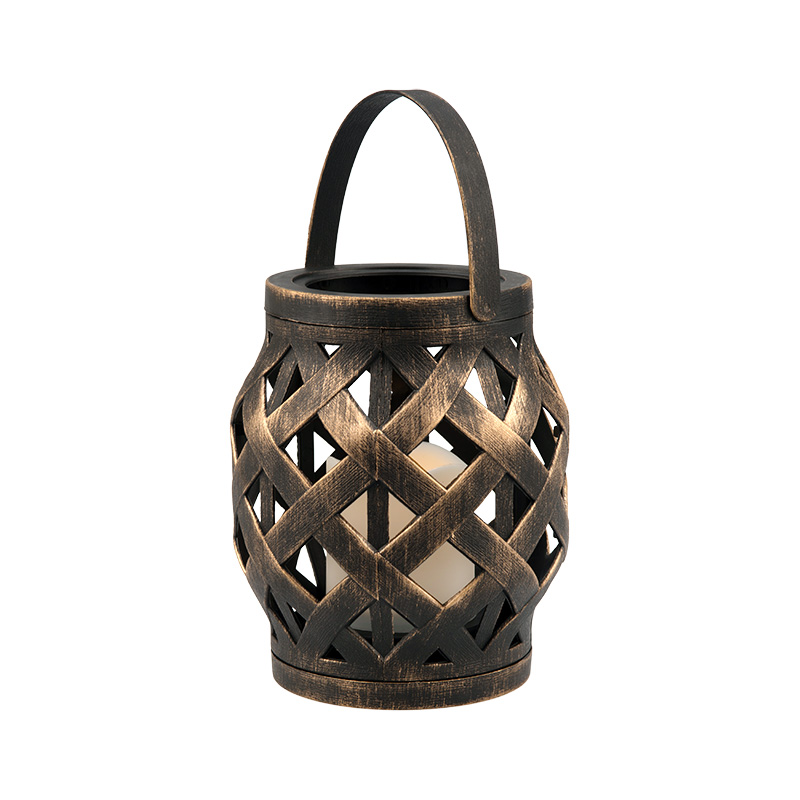Изображение товара Декоративный фонарь со свечкой, плетеный корпус, бронза, 14x14x16,5 см, теплый белый свет