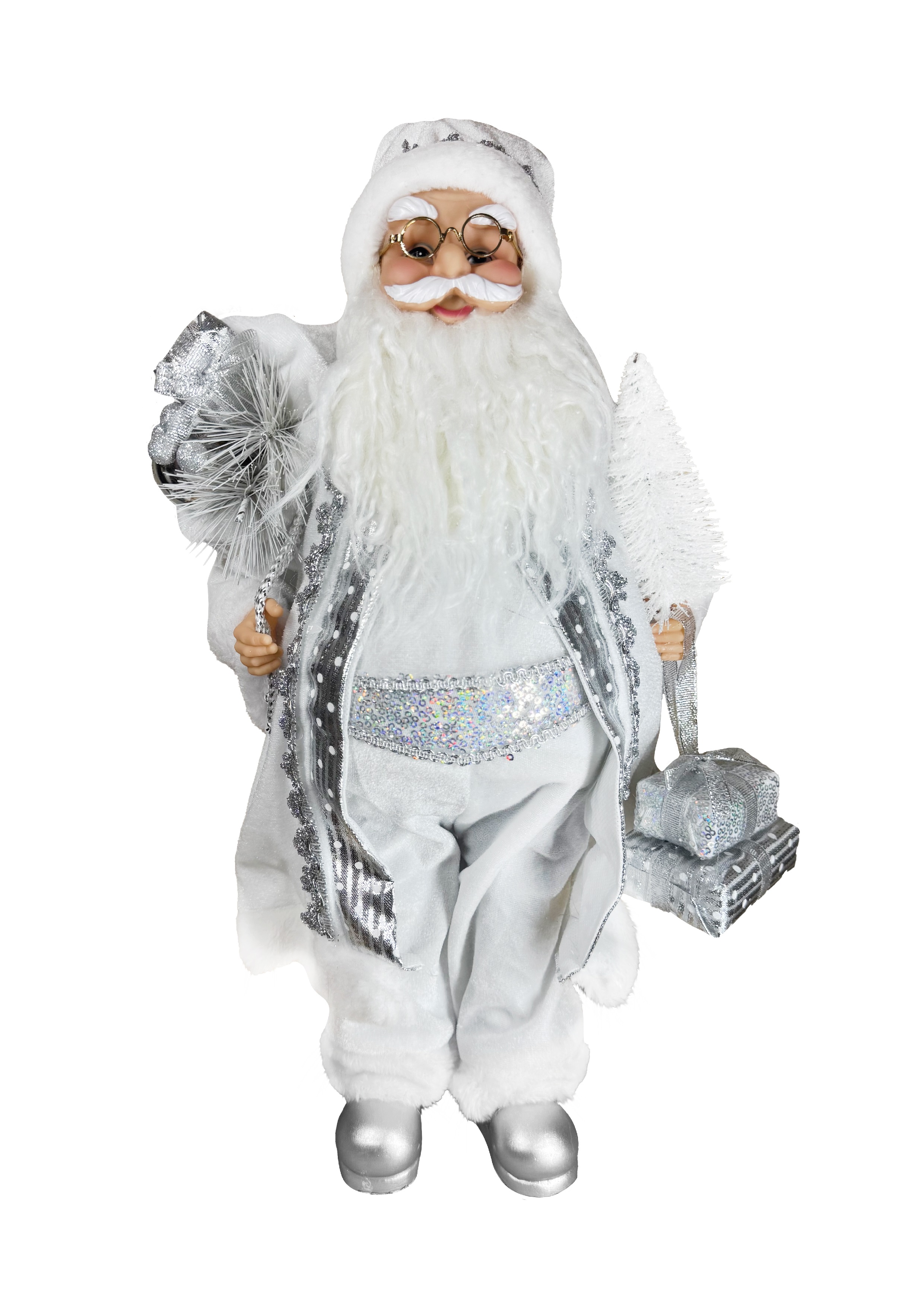 Изображение товара Фигурка Дед Мороз в серебрянной шубке с подарками и ёлочкой 53 см новогодний декор