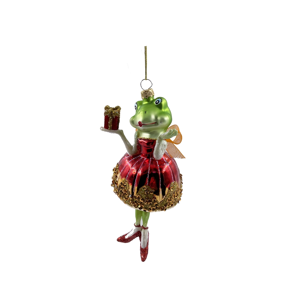 Изображение товара Елочная игрушка лягушка в красном платье зеленая 15 см стекло праздничное украшение