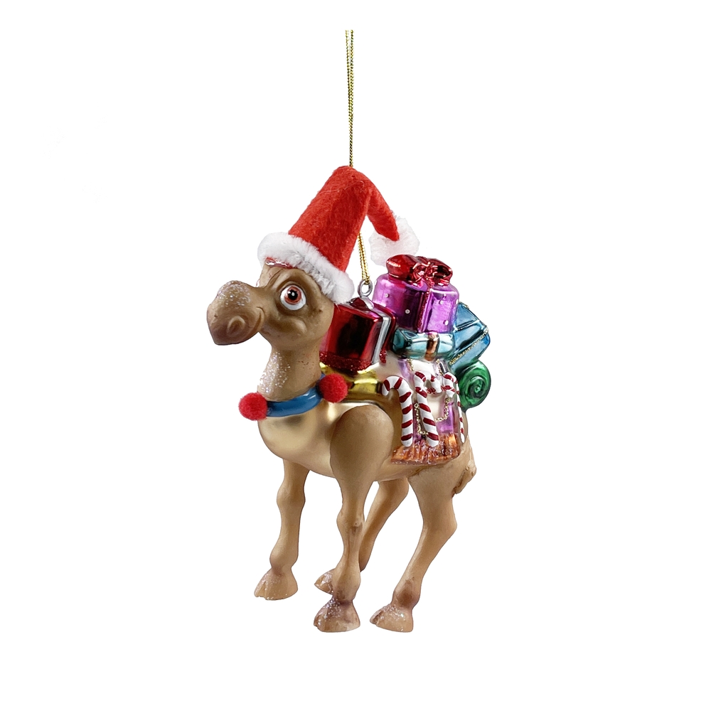 Изображение товара Елочная игрушка верблюд с подарками 13 см из стекла коричневый