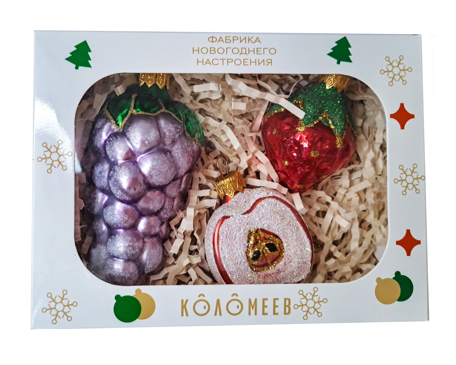 Изображение товара Набор летних елочных украшений из стекла Коломеев 3 шт подарочная упаковка