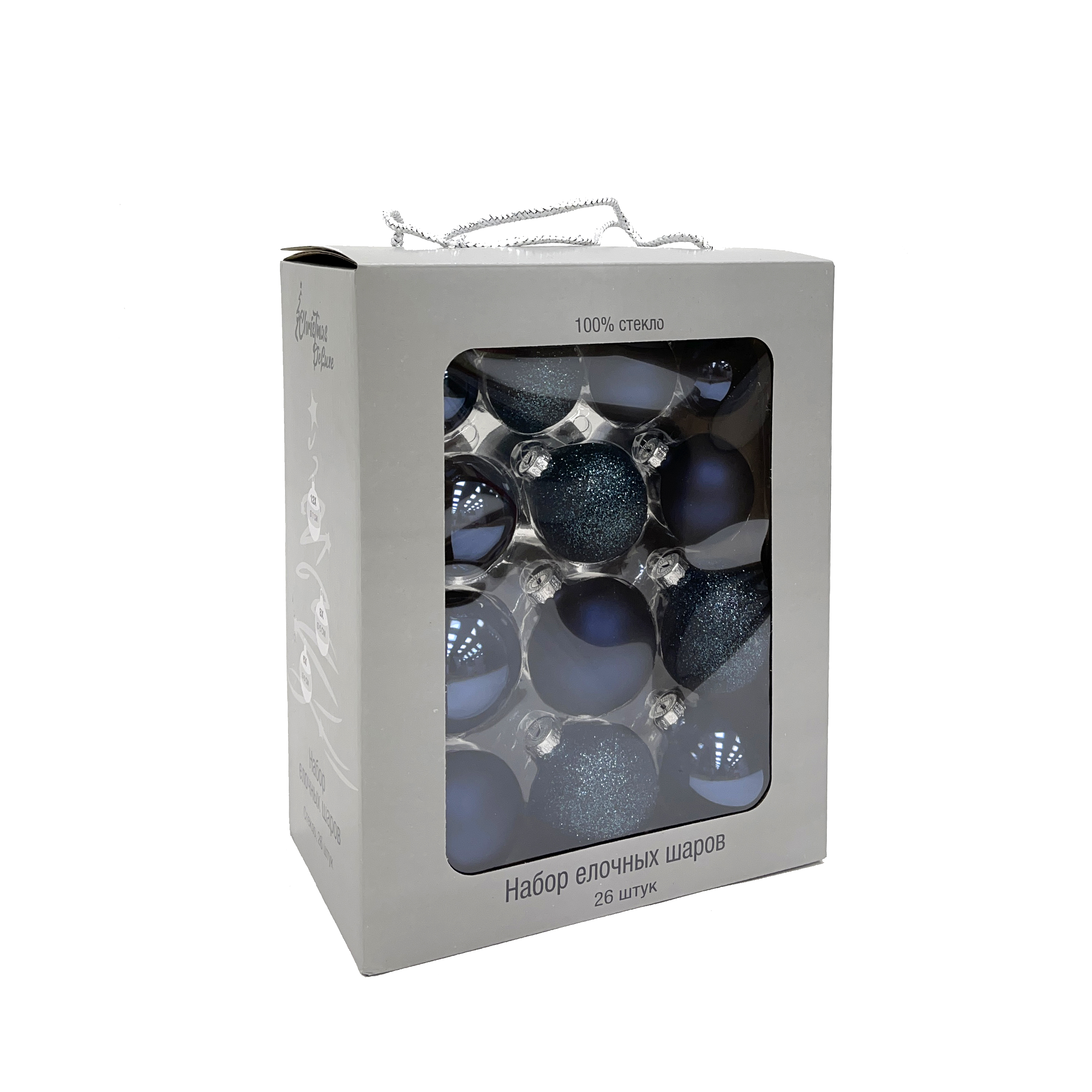 Изображение товара Набор стеклянных елочных шаров 26 шт. Темно-синий микс в коробке