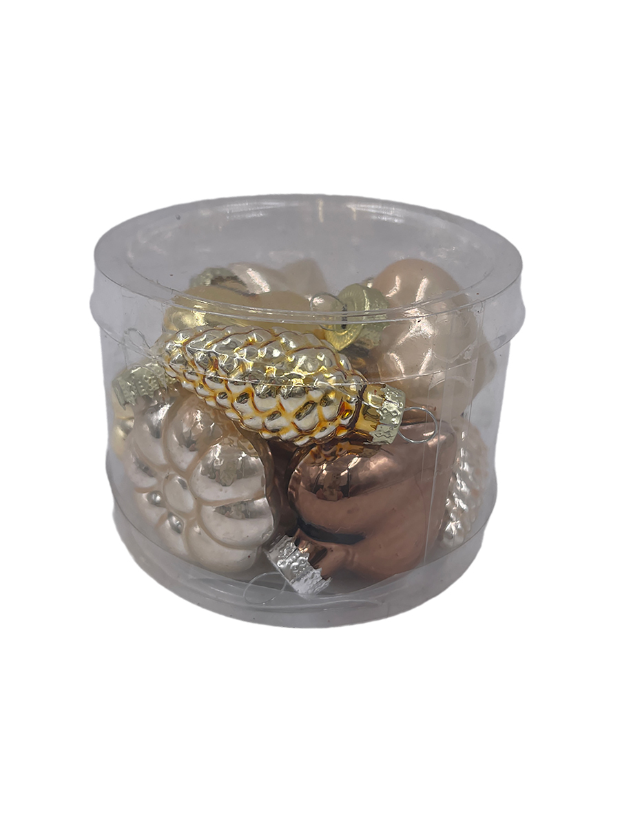 Изображение товара Набор стеклянных украшений шишка/звезда/сердце/цветок ø 4 см жемчужный/золото/коричневый 12 шт. В прозрачной упаковке