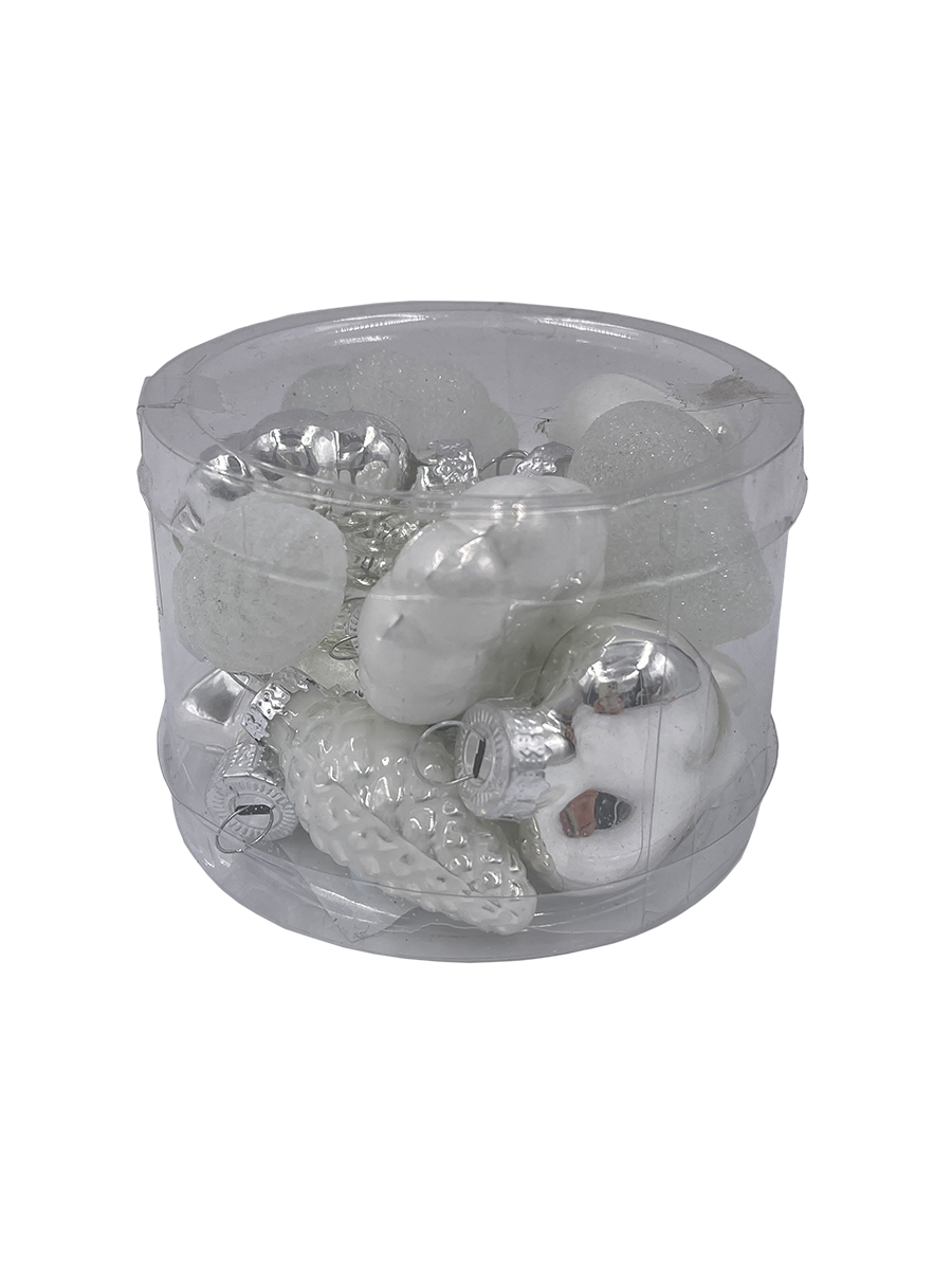 Изображение товара Набор стеклянных украшений шишка/звезда/сердце/цветок ø 4 см первый снег 12 шт. В прозрачной упаковке