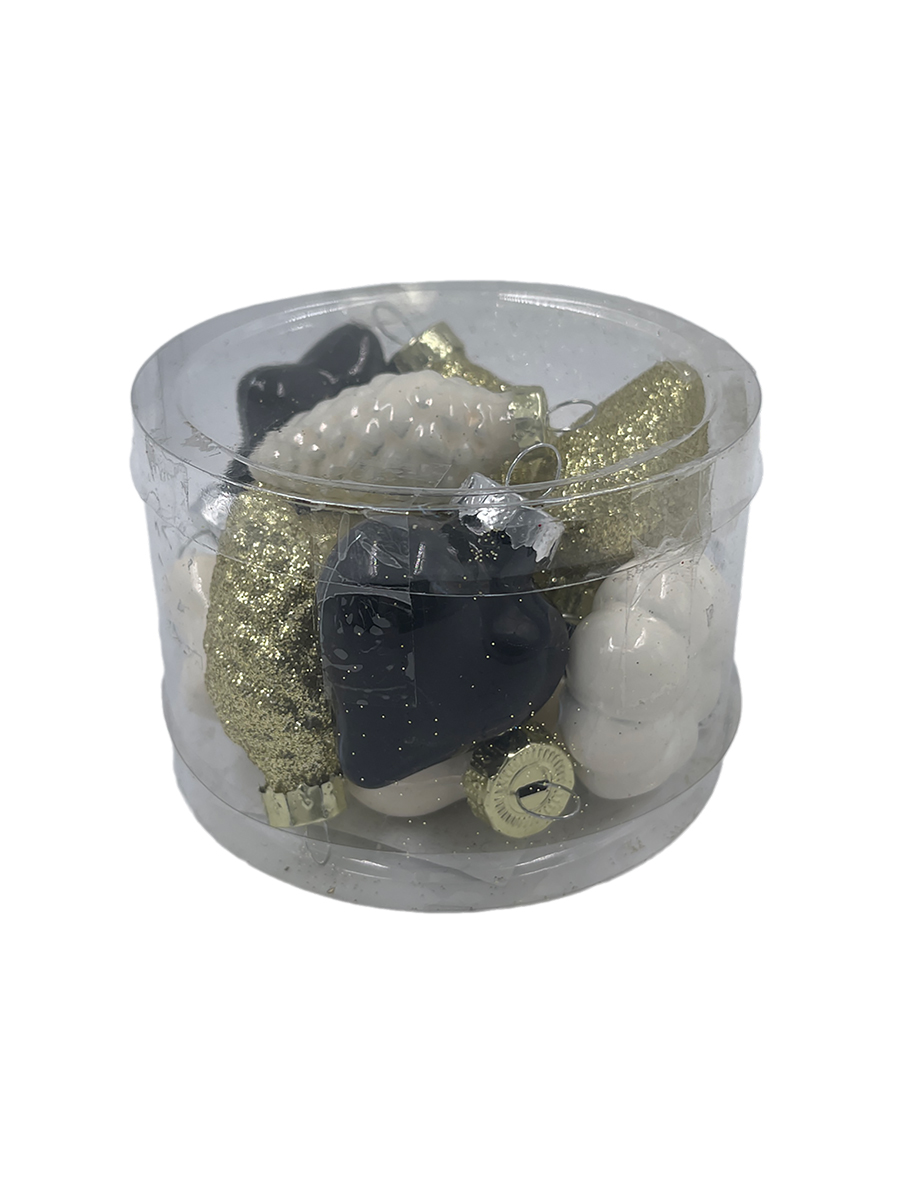 Изображение товара Набор стеклянных украшений шишка/звезда/сердце/цветок ø 4 см черный/золото/молочный 12 шт. В прозрачной упаковке