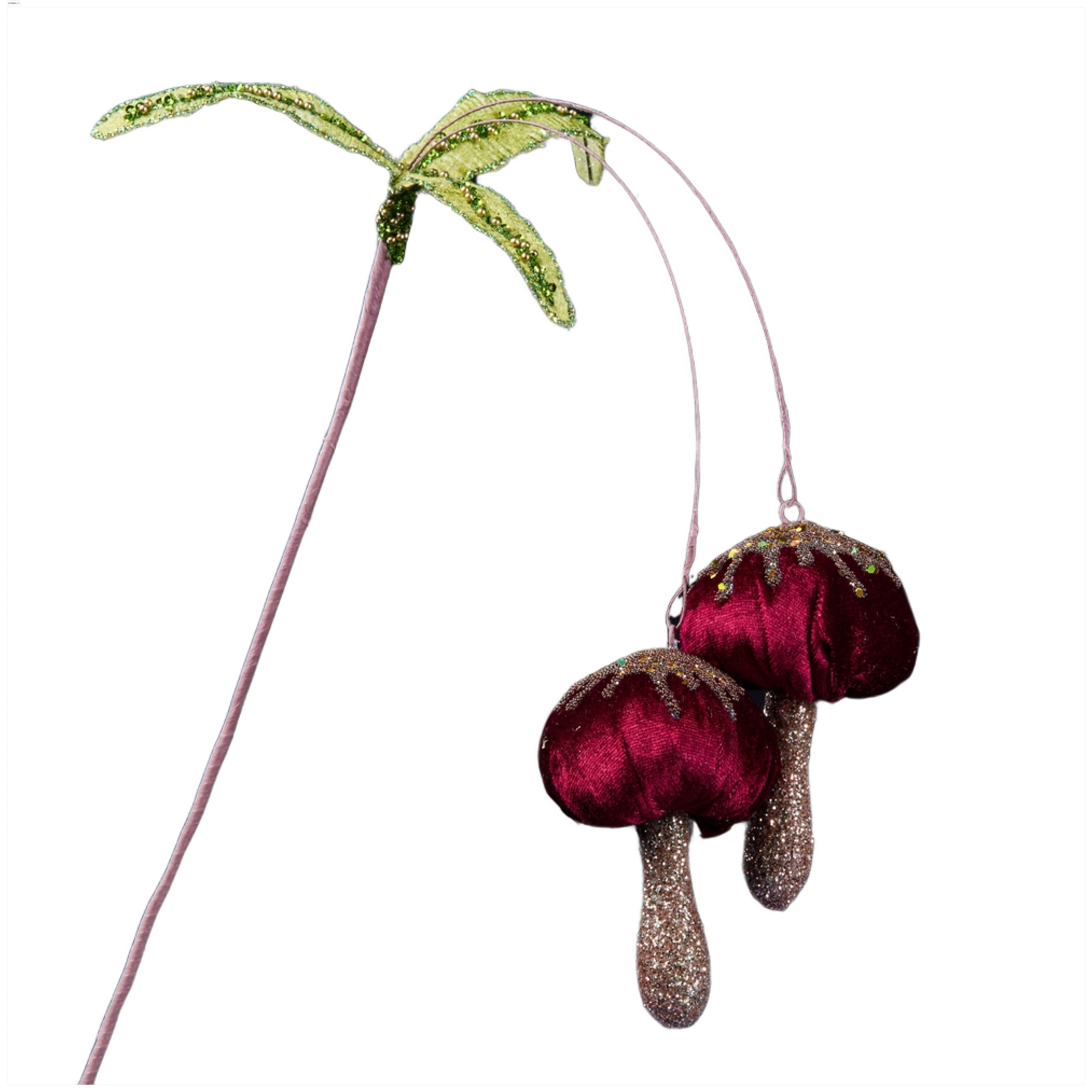 Изображение товара Премиум веточка папоротника с грибами бордовая 40 см с глиттером стеклярусом