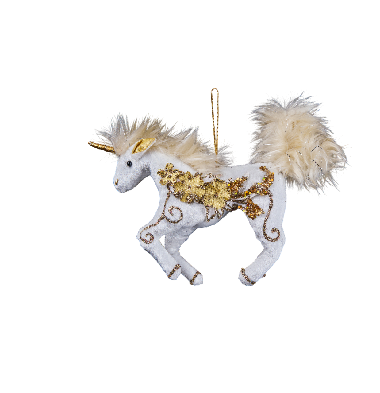 Изображение товара Премиум елочная игрушка единорог белый с золотым декором 25х25 см