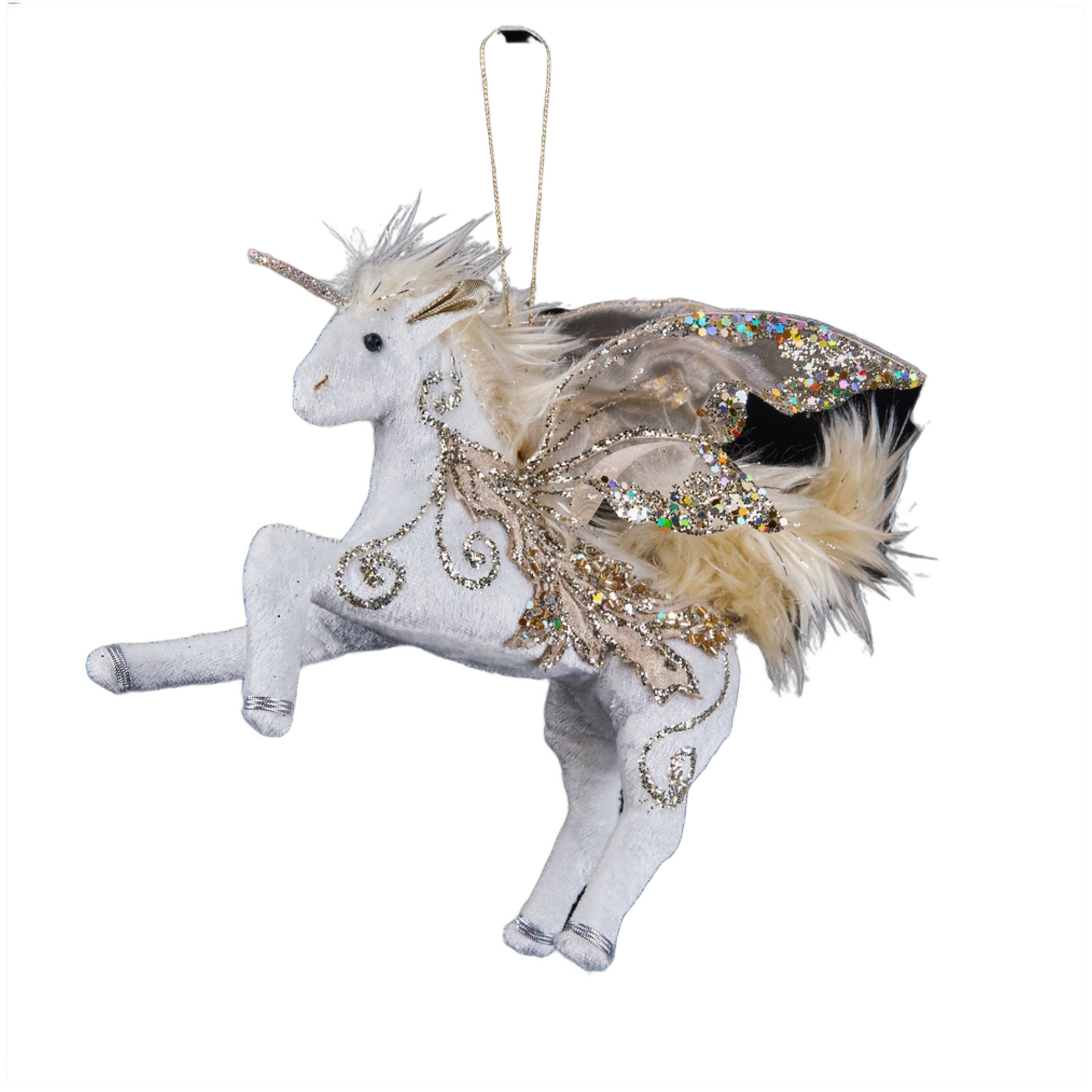 Изображение товара Елочная игрушка единорог с крыльями белая серебряная 25х25 см Премиум ассортимент