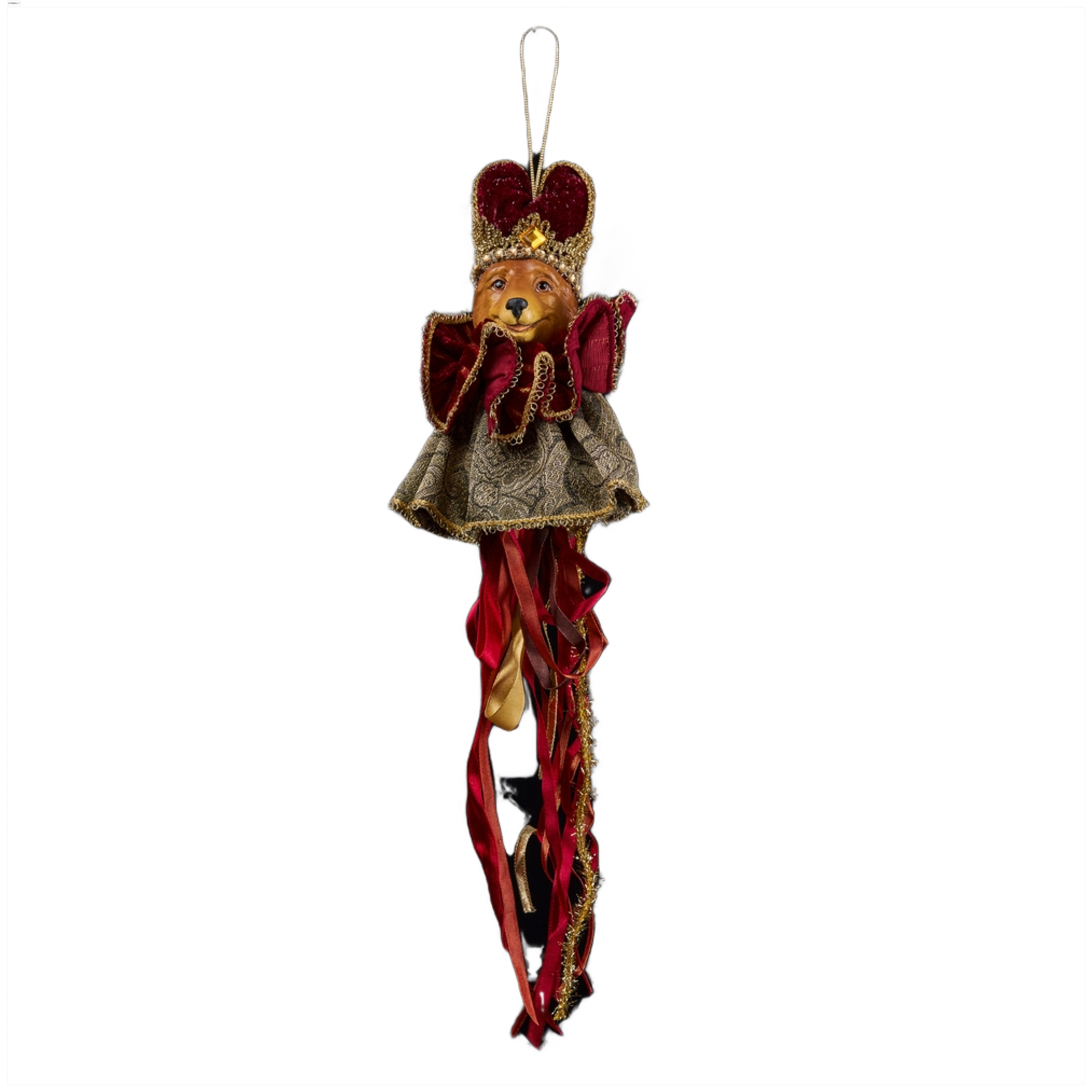 Изображение товара Премиум елочная игрушка медведь бордовый с золотом и лентами 20х45 см