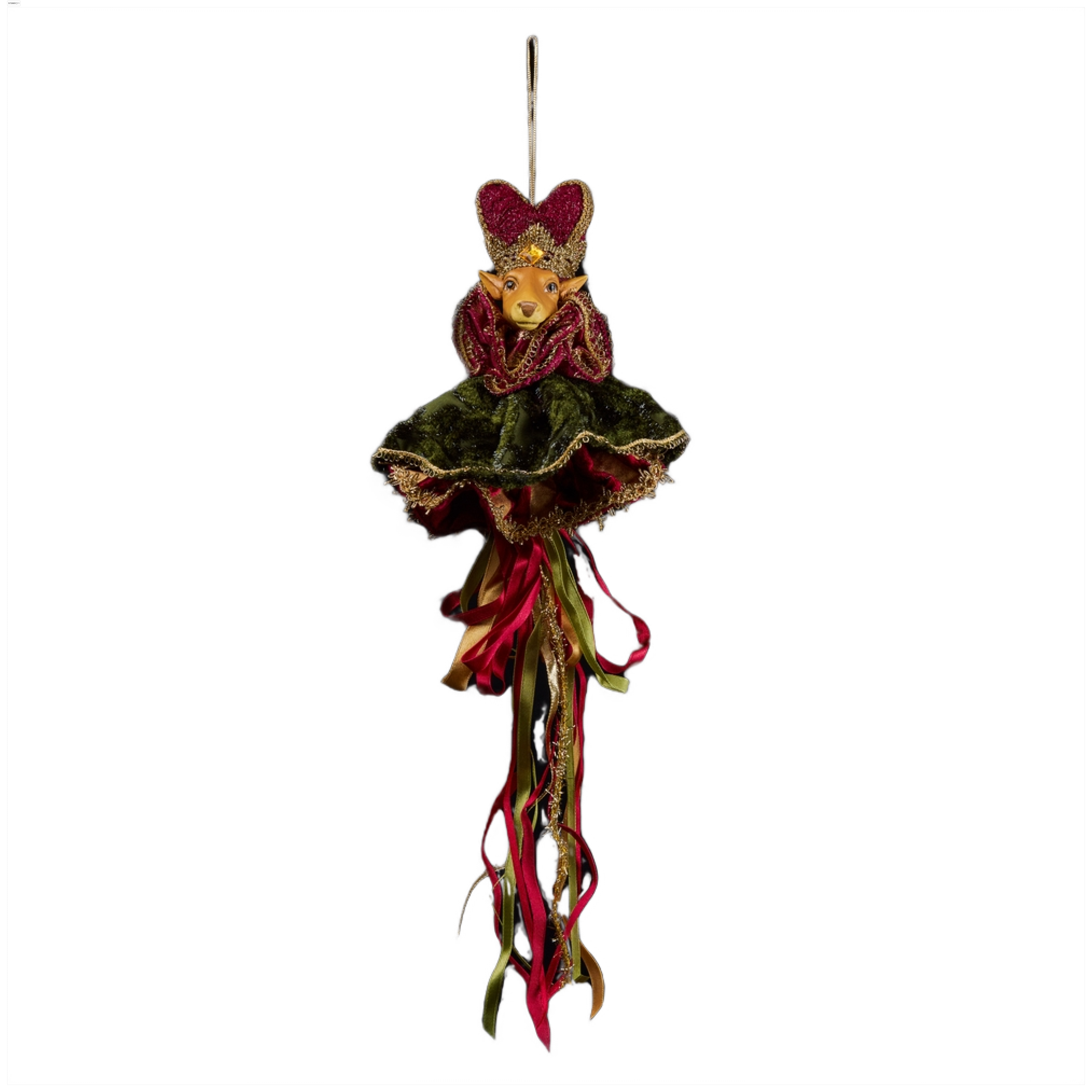 Изображение товара Премиум елочная игрушка олень бордово-зеленый с золотом 18х45 см