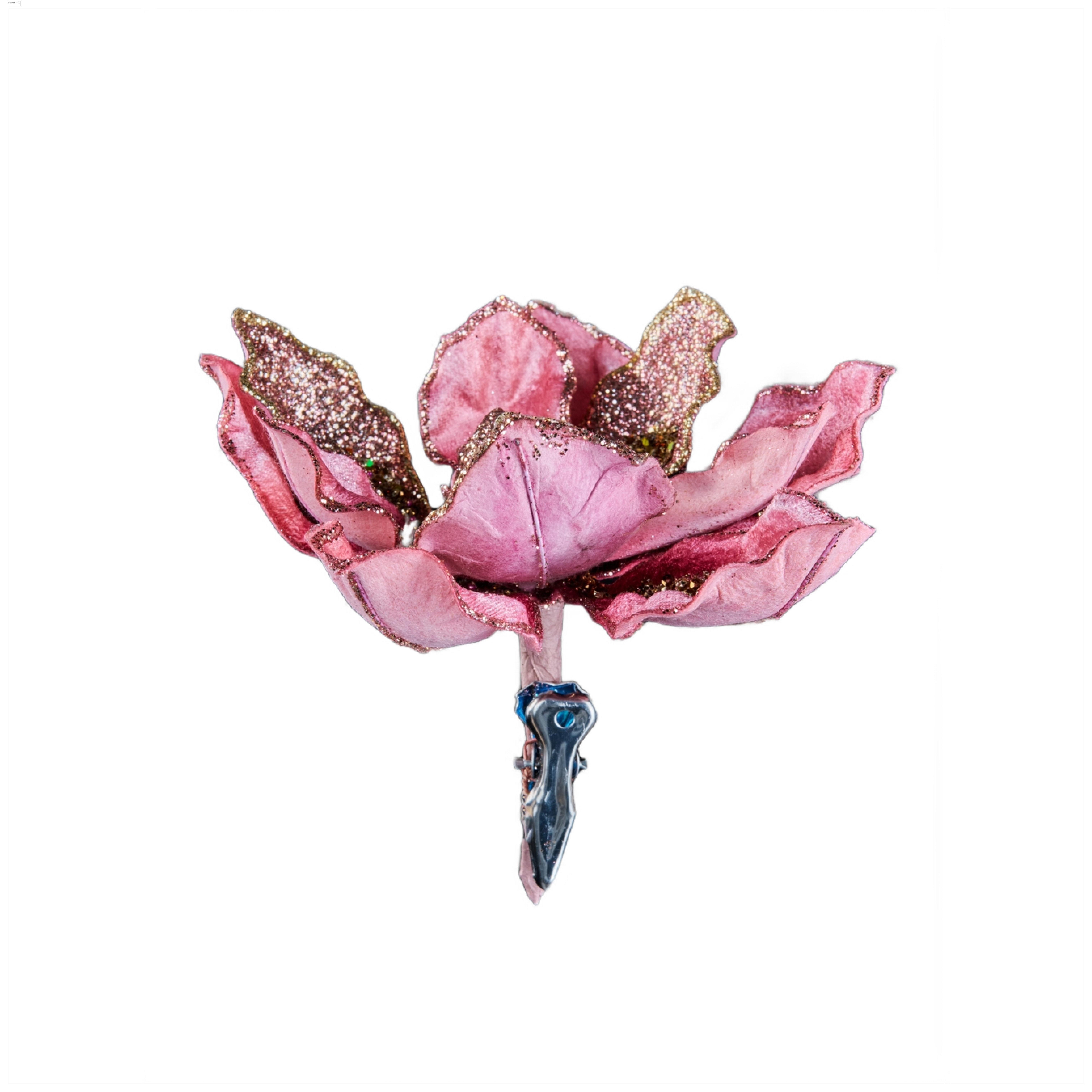 Изображение товара Премиум цветок магнолии розовый с глиттером на клипсе 17 см елочные украшения