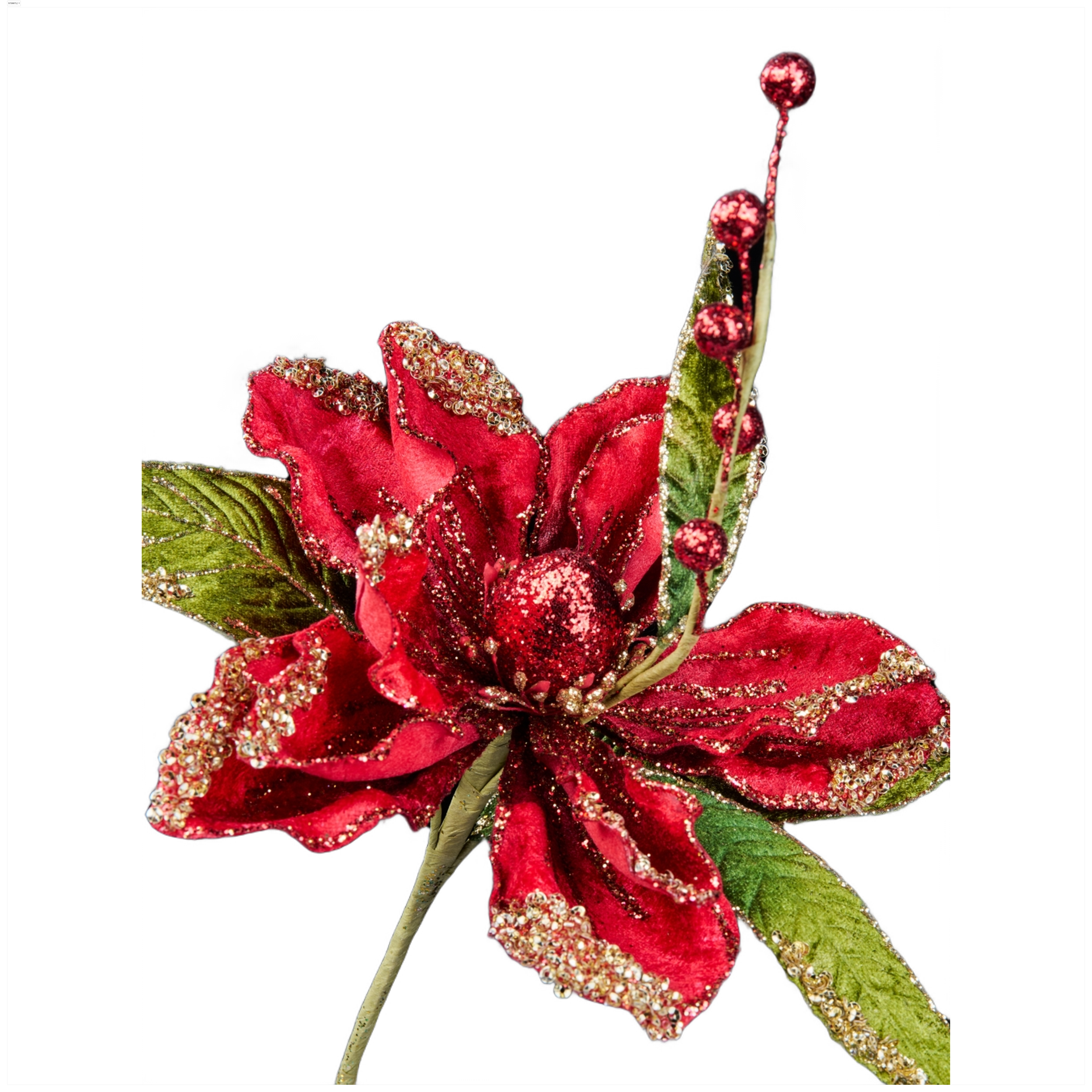 Изображение товара Премиум цветок магнолии с листьями красный с золотым глиттером на ножке 20х38 см