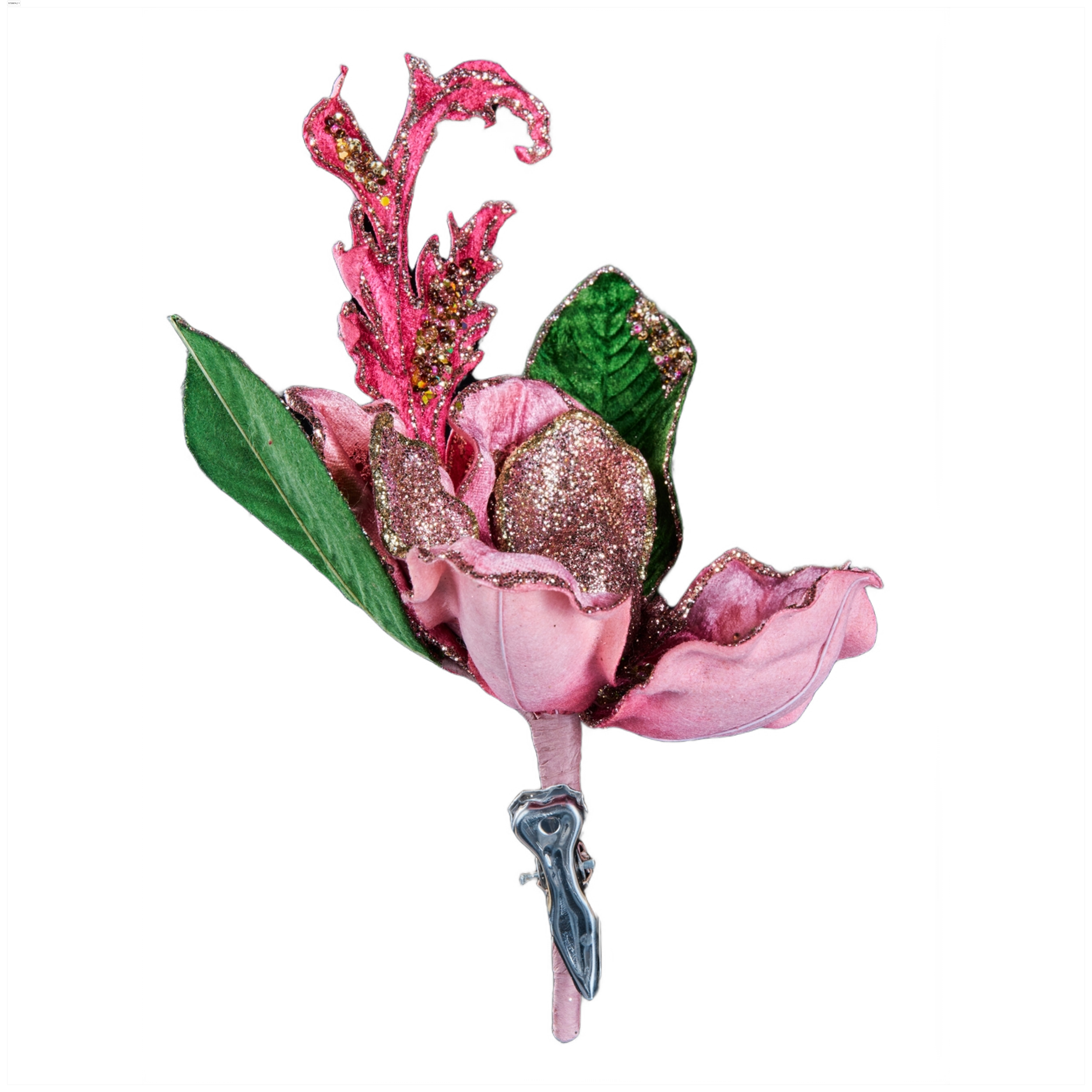 Изображение товара Премиум цветок магнолии розовый с золотым глиттером 29 см на клипсе