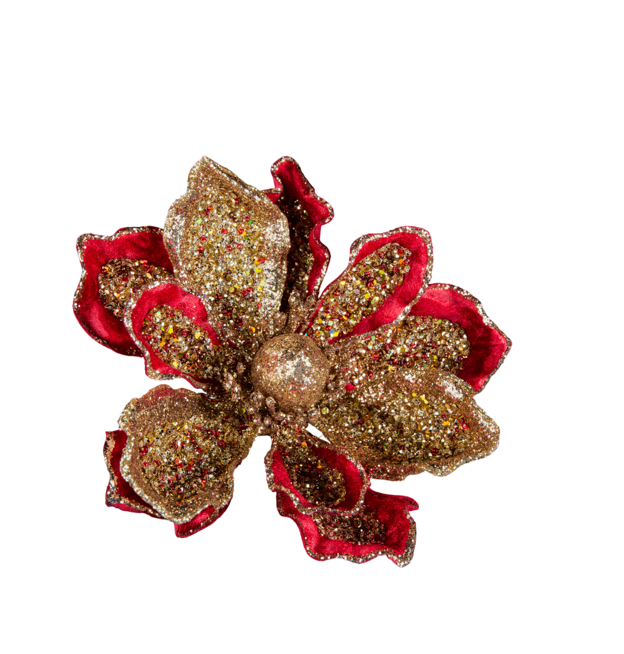 Изображение товара Премиум цветок магнолии темно-красный с золотым глиттером пайетками и бисером на клипсе 17 см