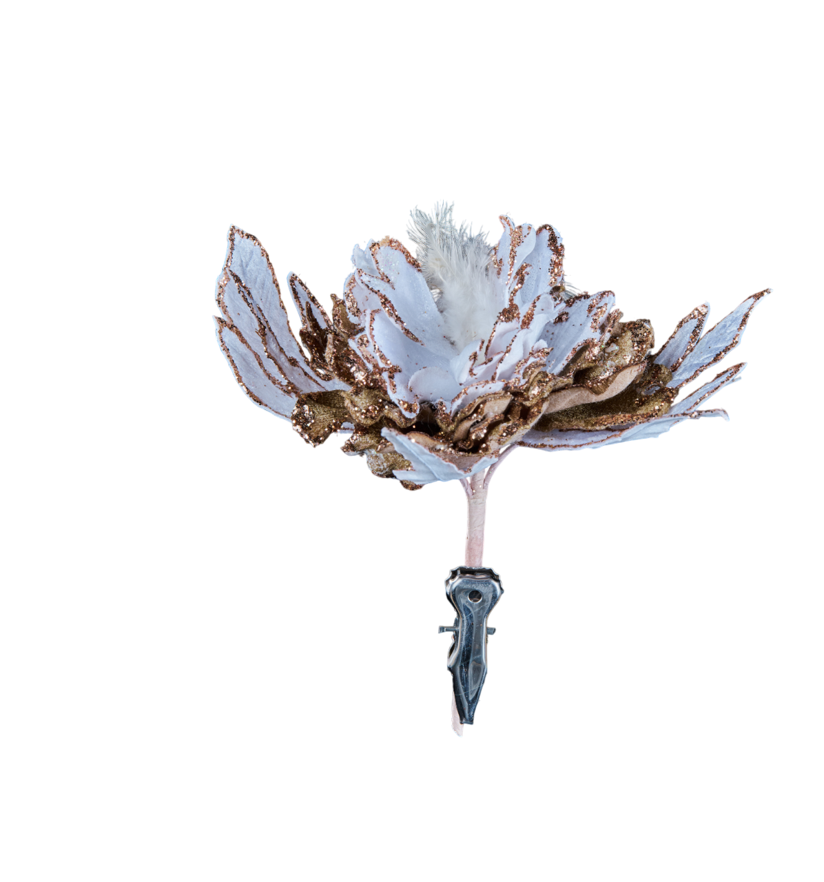 Изображение товара Премиум цветок пиона бело-бронзовый 23 см с глиттером на клипсе