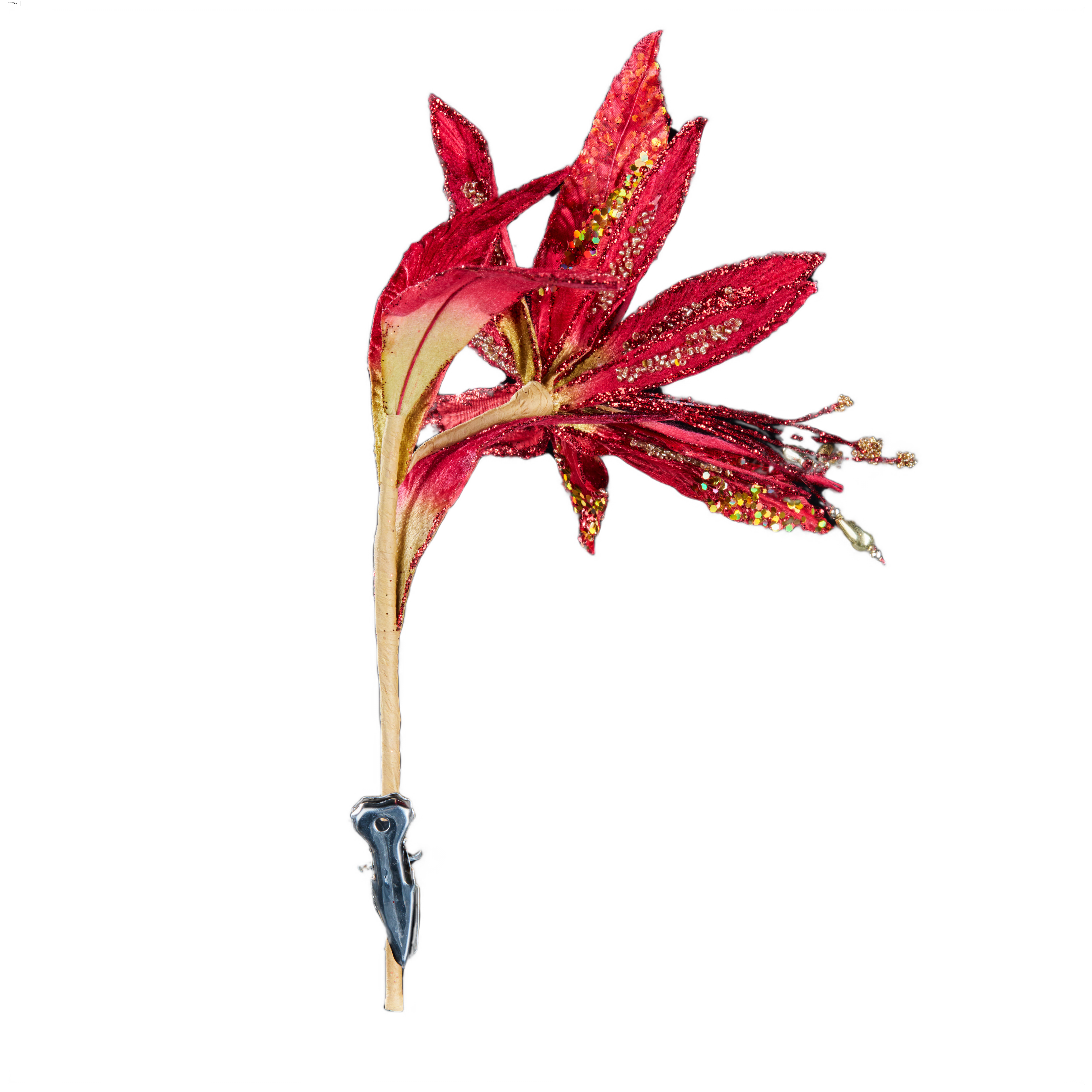 Изображение товара Премиум цветок стрелиции красный с глиттером и бисером на клипсе 15х42 см
