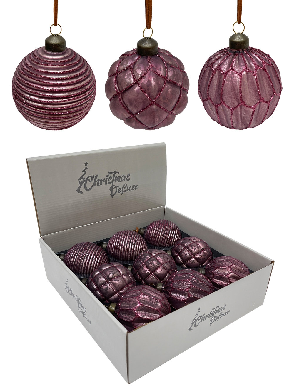 Изображение товара Стеклянный новогодний шар ø 8 см ягодный с блеском 3 вида, рождественские украшения