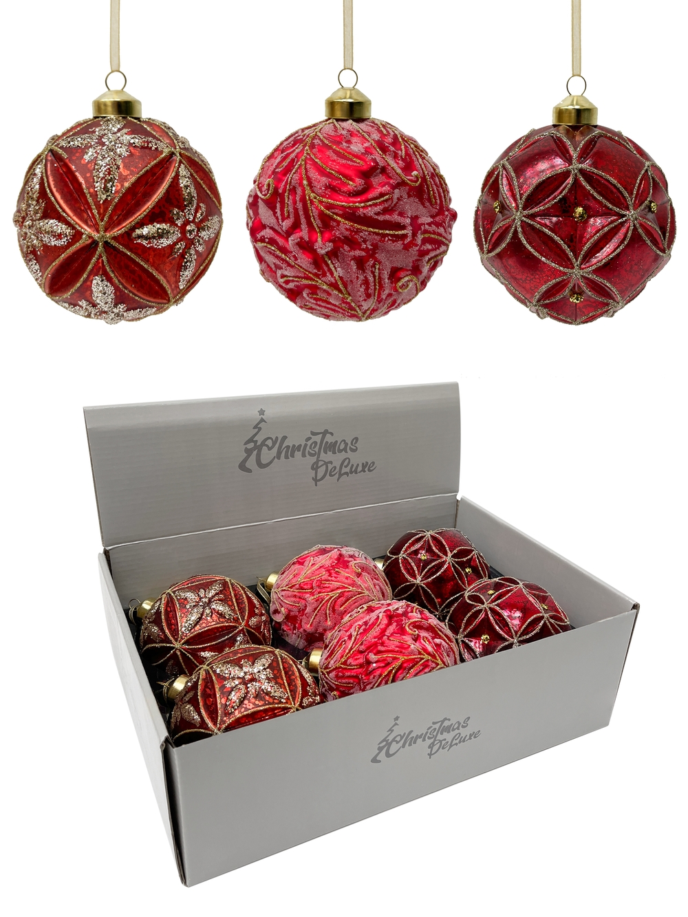 Изображение товара Шар фактурный стеклянный ø 10 см красный/красно-коричневый/бордовый с блеском (мин. Партия 6 шт.) В дисплее