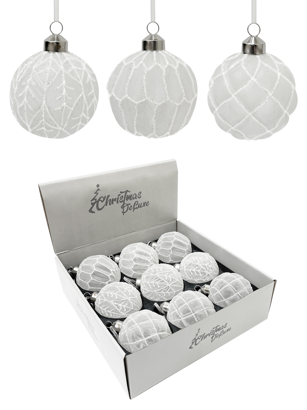 Изображение товара Стеклянный елочный шар ø 8 см прозрачный с блеском 3 вида упаковка 9 шт.