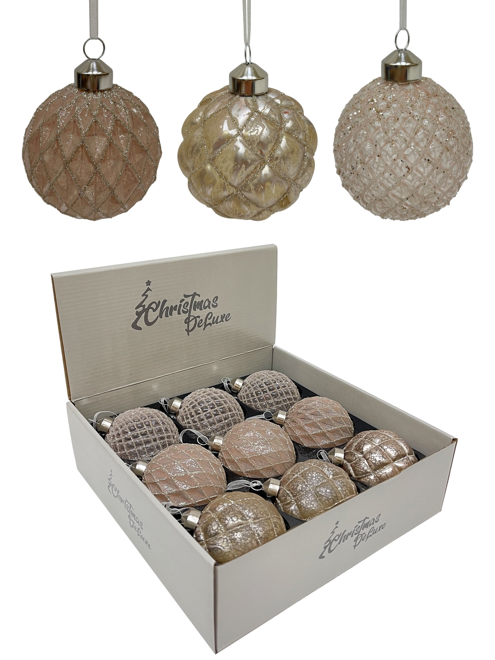 Изображение товара Фактурный стеклянный шар ø 8 см прозрачный кремовый шампань 3 вида праздничные украшения