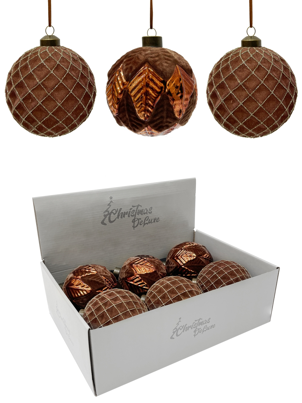Изображение товара Фактурные стеклянные елочные шары коричневого цвета ø 10 см в упаковке 6 шт