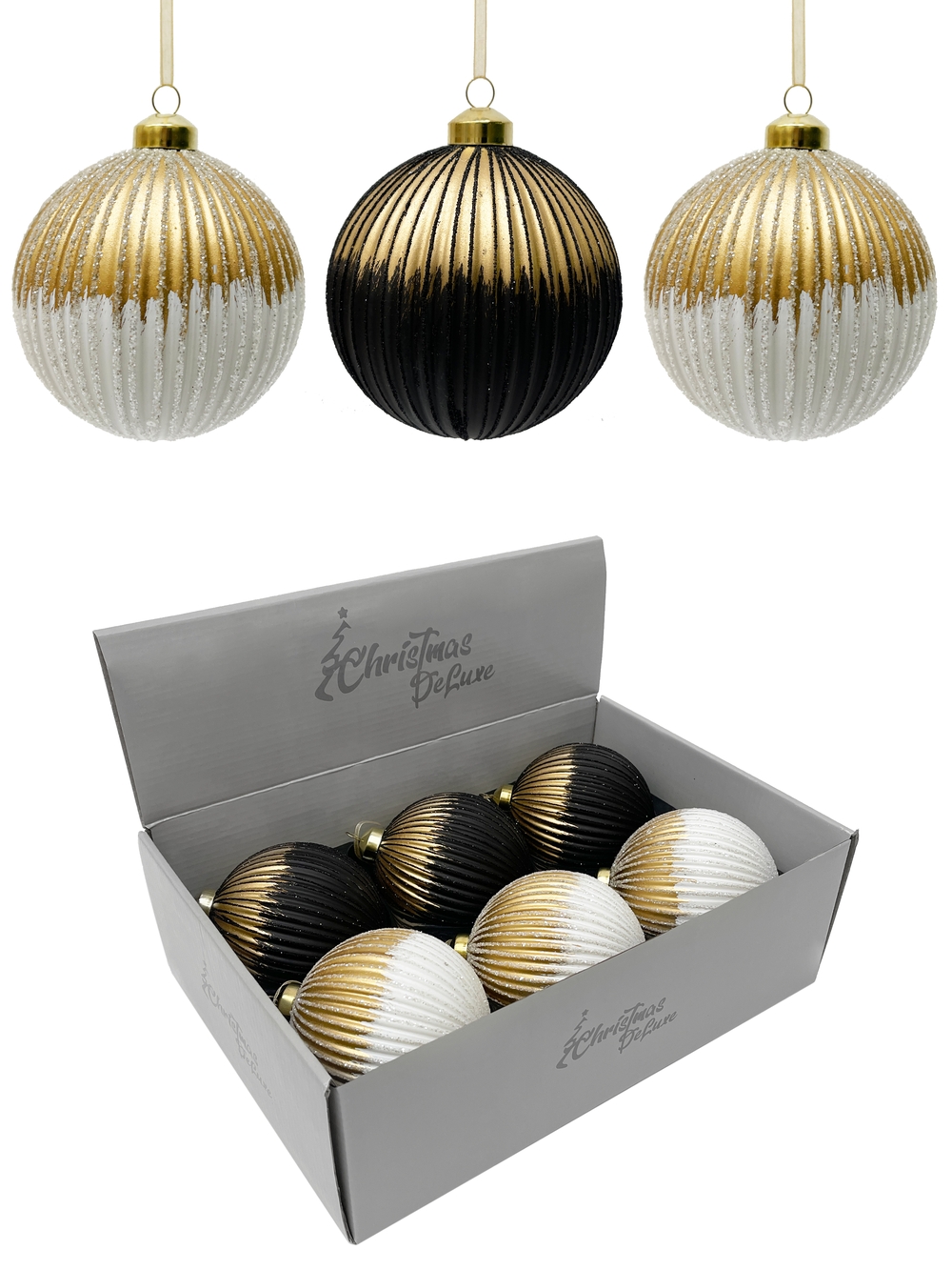 Изображение товара Стеклянный елочный шар ø 10 см ребристый белый или черный с золотом