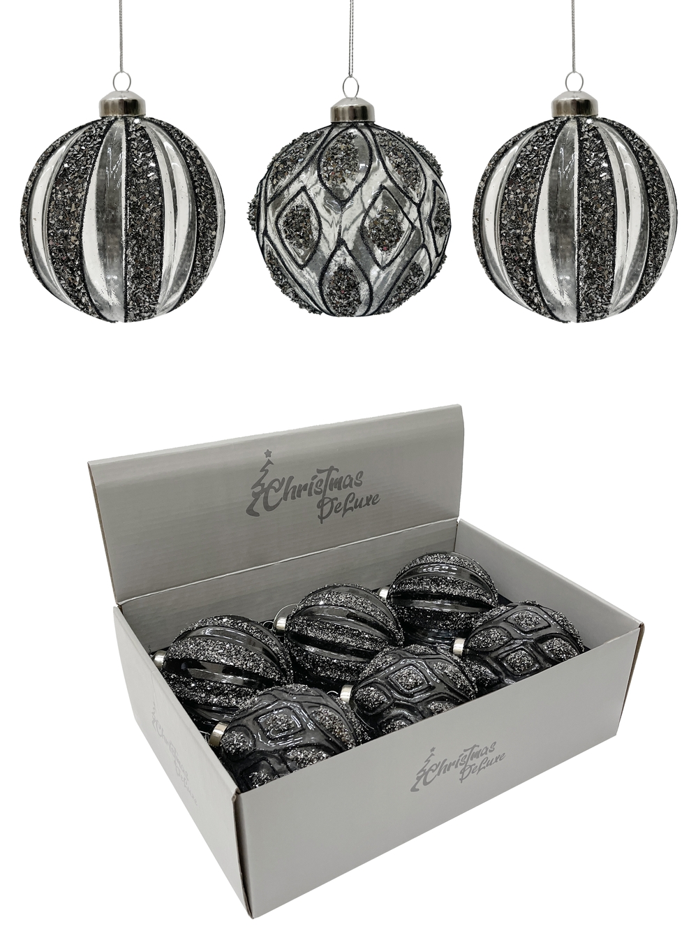 Изображение товара Стеклянный елочный шар ø 10 см темное серебро резной дизайн 6 шт.