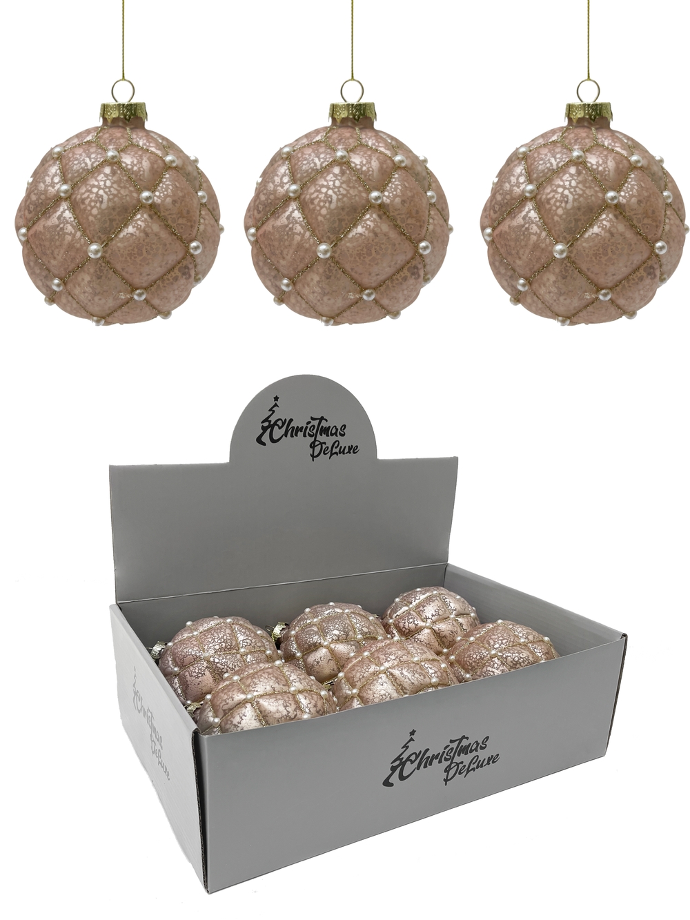 Изображение товара Стеклянный елочный шар ø 10 см светло-розовый с бусинами и золотой патиной