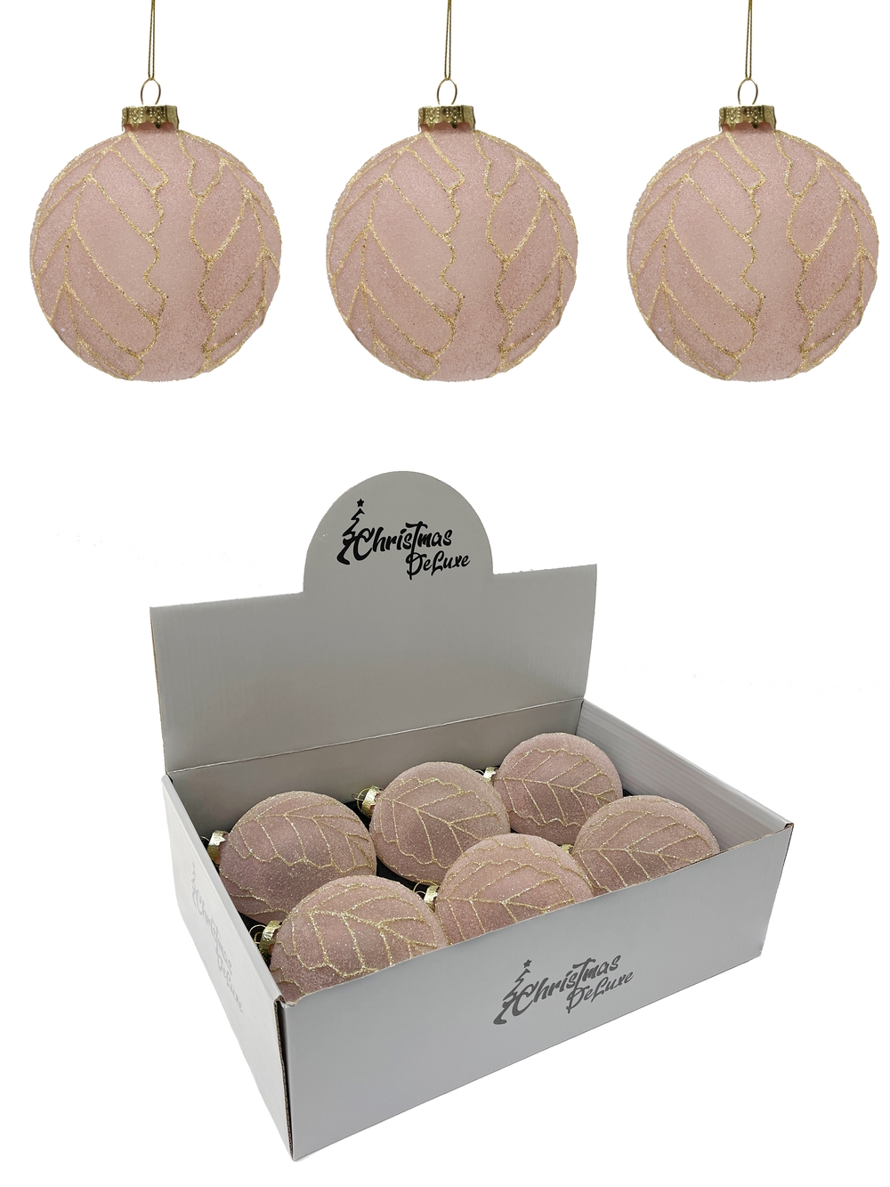 Изображение товара Шар стеклянный светло-розовый 10 см с листьями для украшения елки