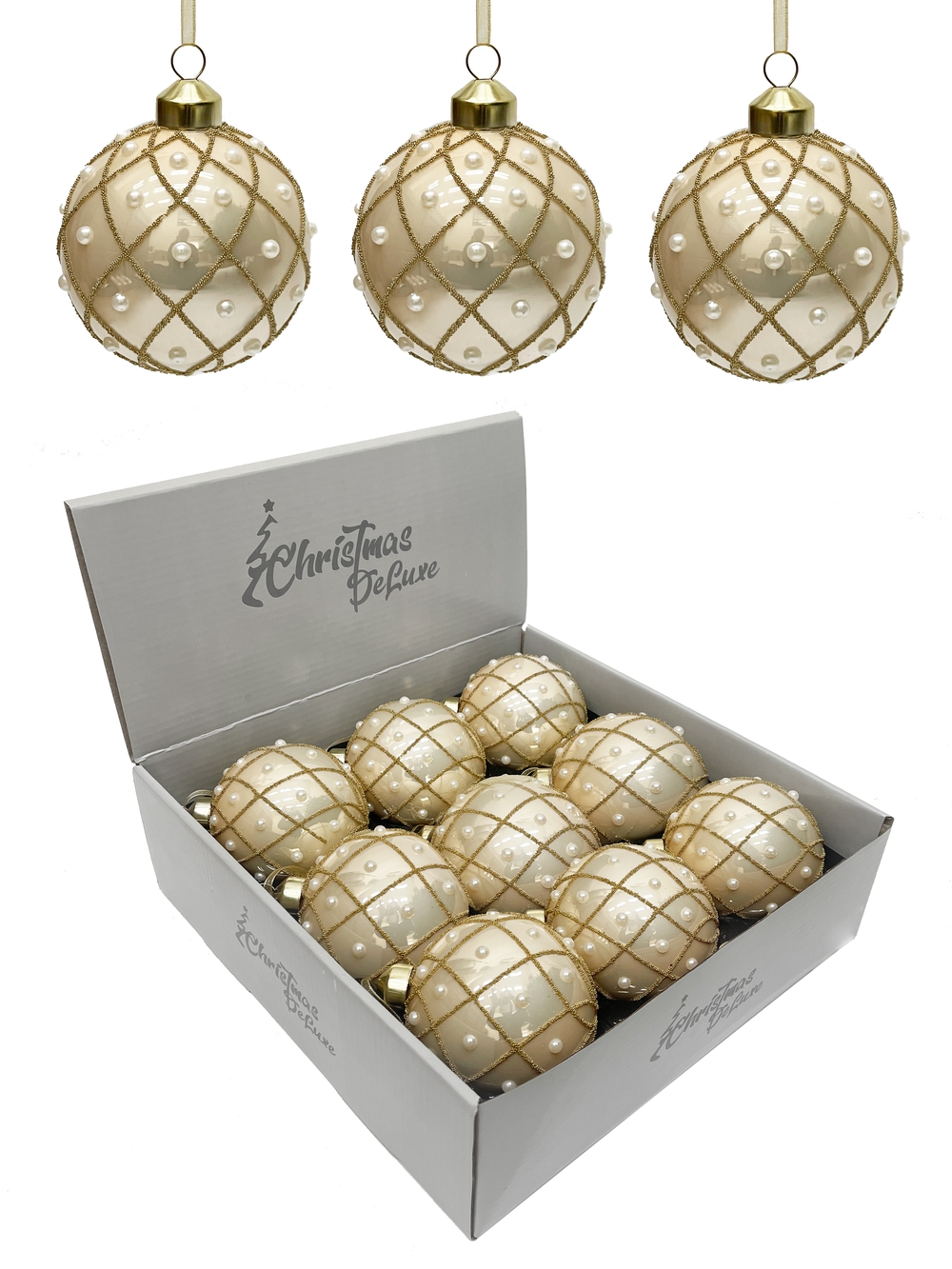 Изображение товара Стеклянный елочный шар ø 8 см бежевый с позолотой бусинами тонкое стекло