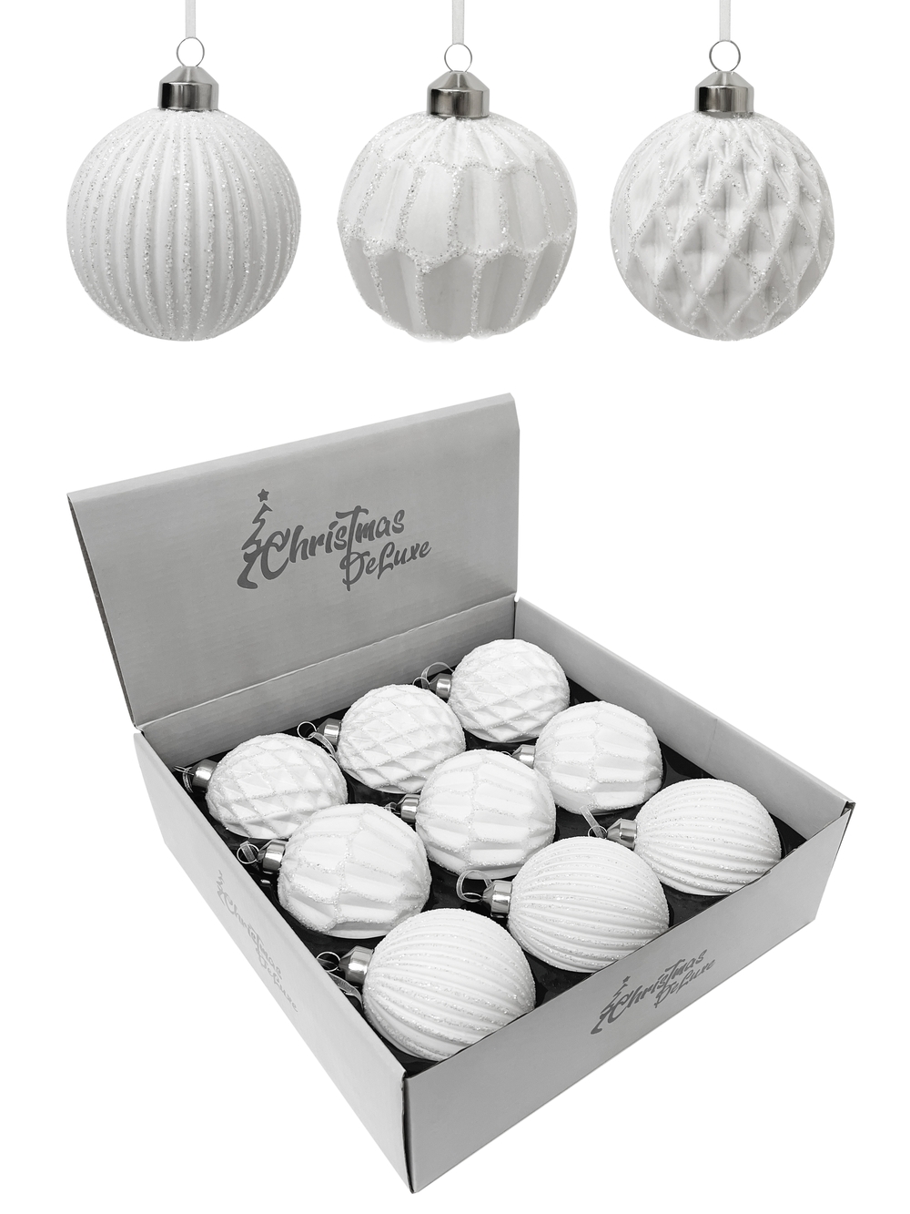 Изображение товара Шар фактурный стеклянный 8 см белый с блеском для украшений