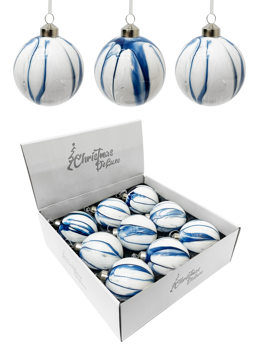 Изображение товара Стеклянный елочный шар ø 8 см белый с синими разводами, упаковка 9 шт.
