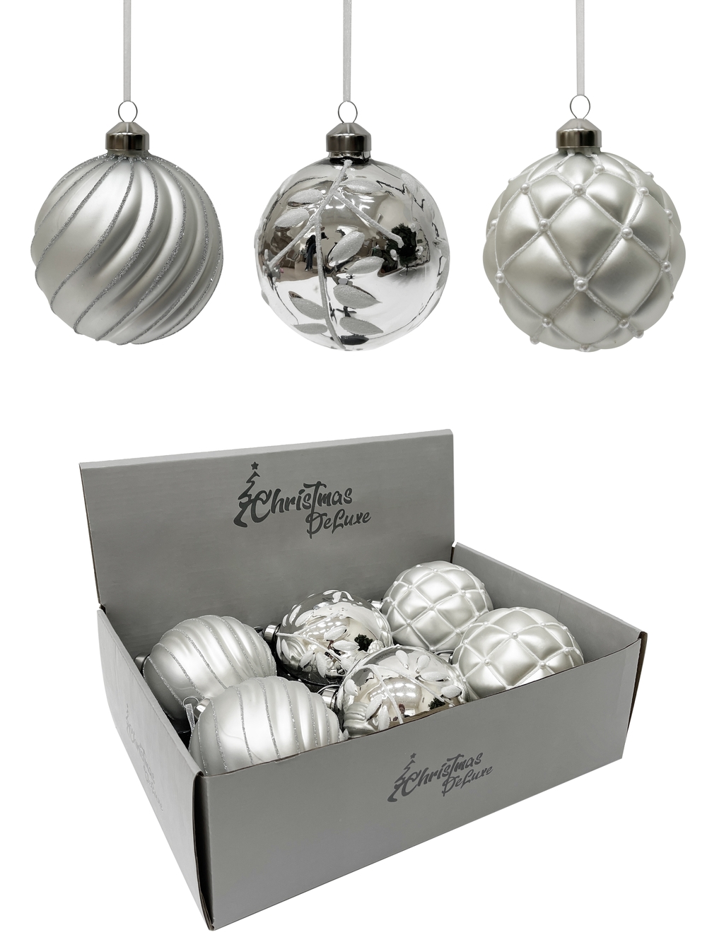 Изображение товара Стеклянный елочный шар белый и серебряный ø 10 см в дисплее 6 шт.