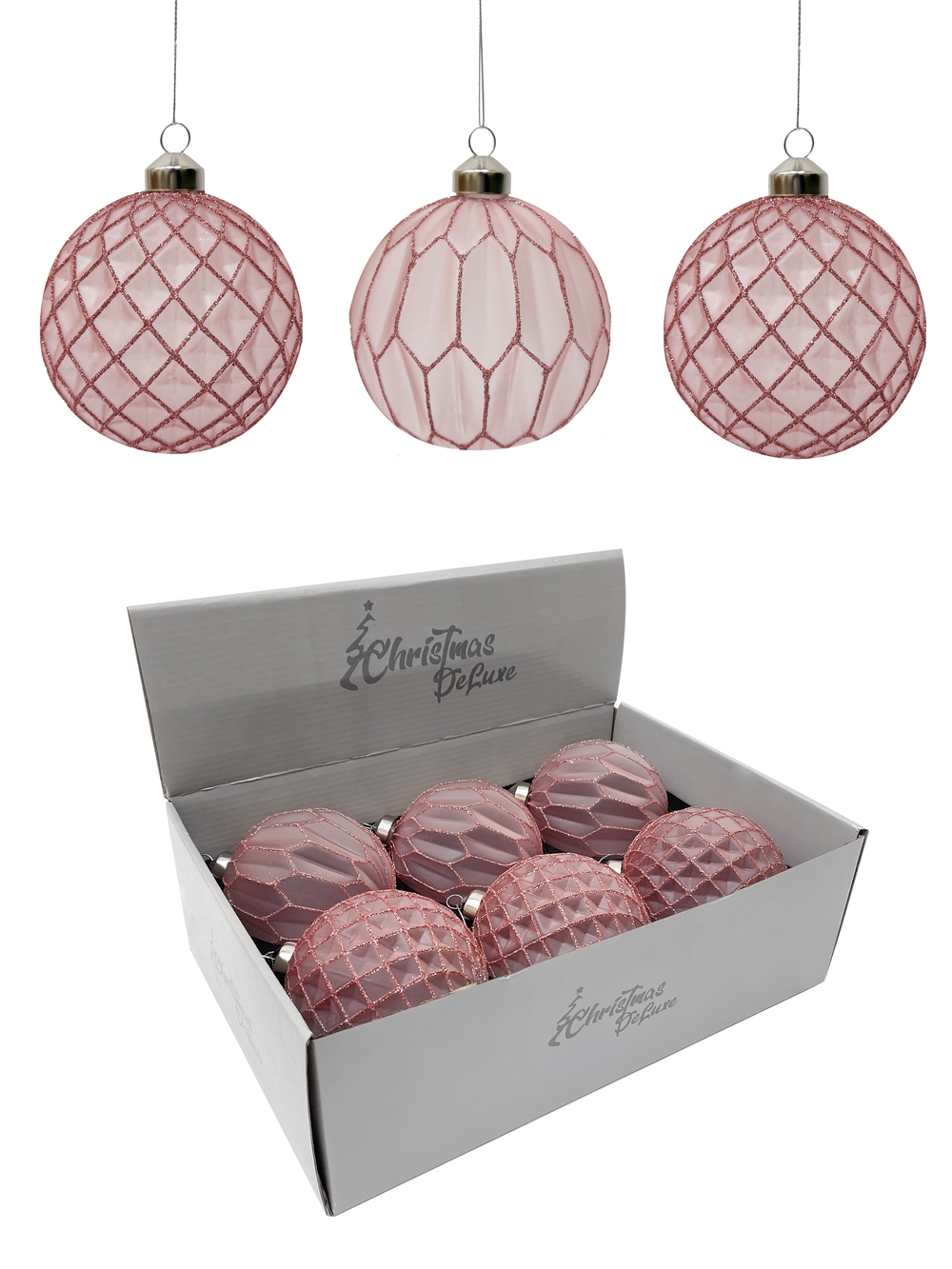 Изображение товара Шар стеклянный прозрачный ø 10 см розовый с узором ромб (мин. Партия 6 шт.)