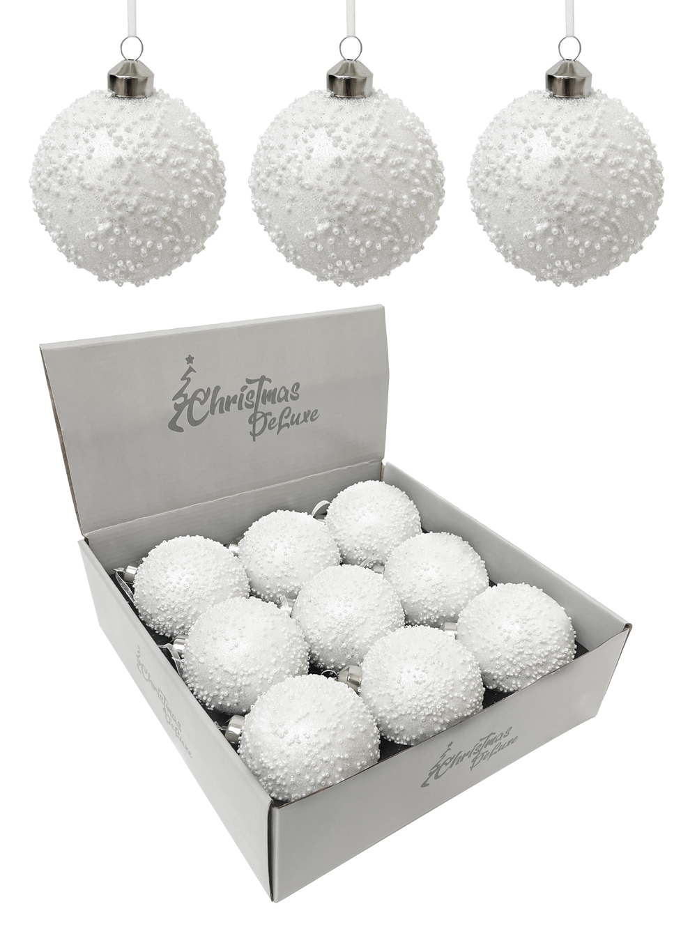 Изображение товара Стеклянный елочный шар с бисером ø 8 см белый для праздничного декора