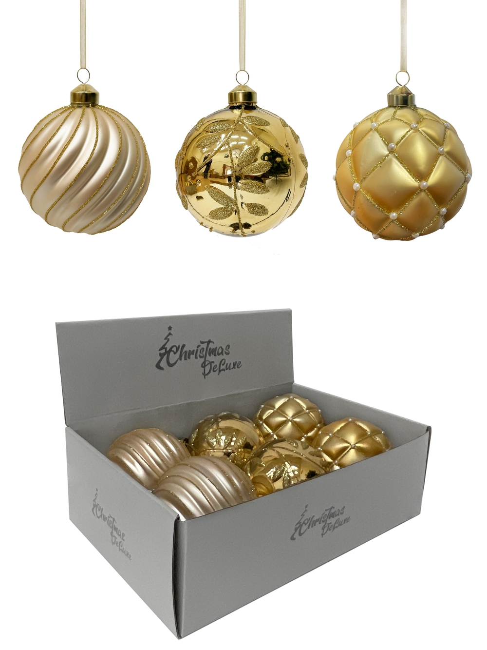 Изображение товара Стеклянный елочный шар шампань золото 10 см в дисплее минимальная партия 6 шт